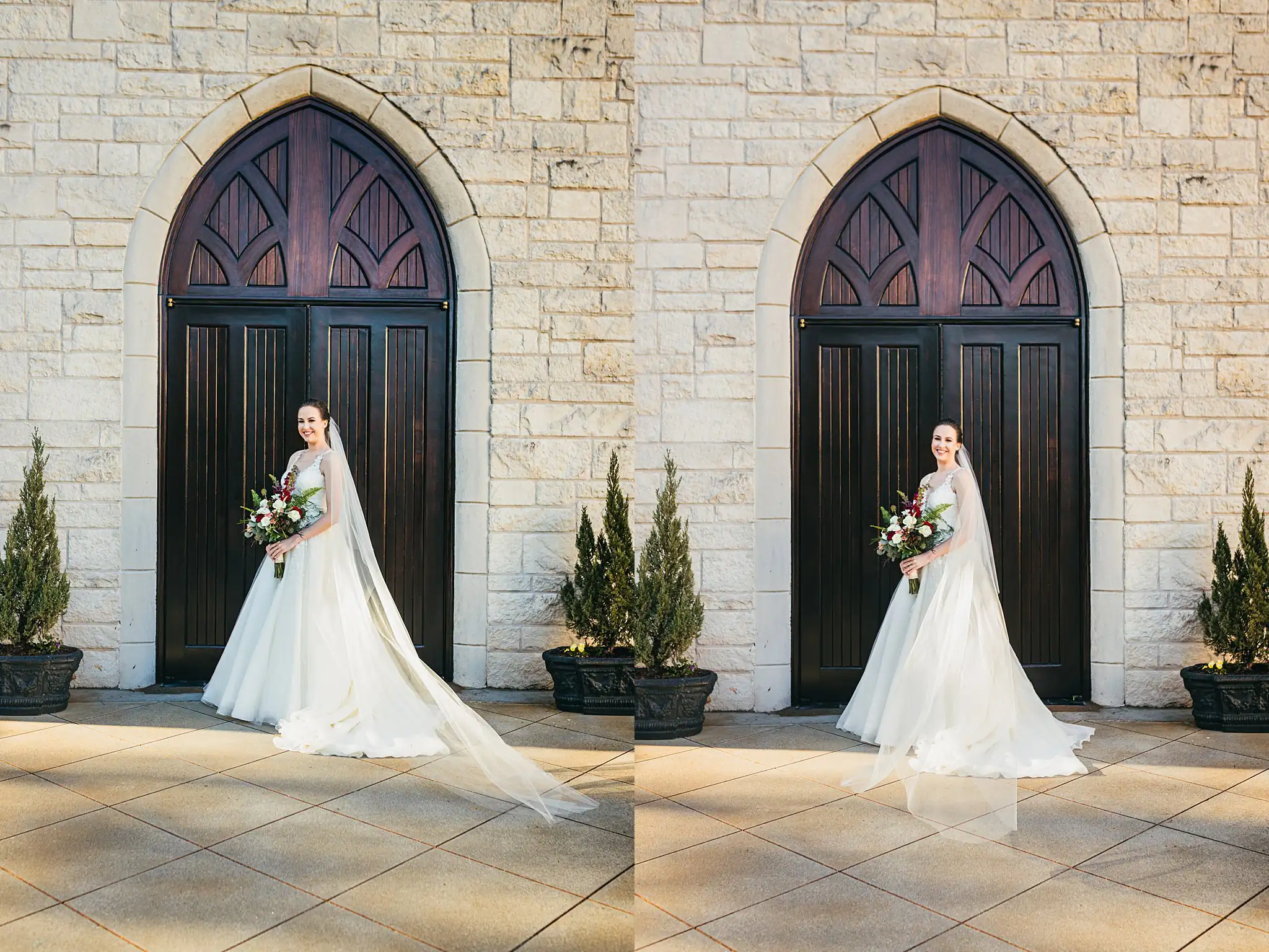 Bridal Portraits: the bride at the chapel's arched doors, at their wedding at Ashton Gardens Atlanta in Sugar Hill, GA