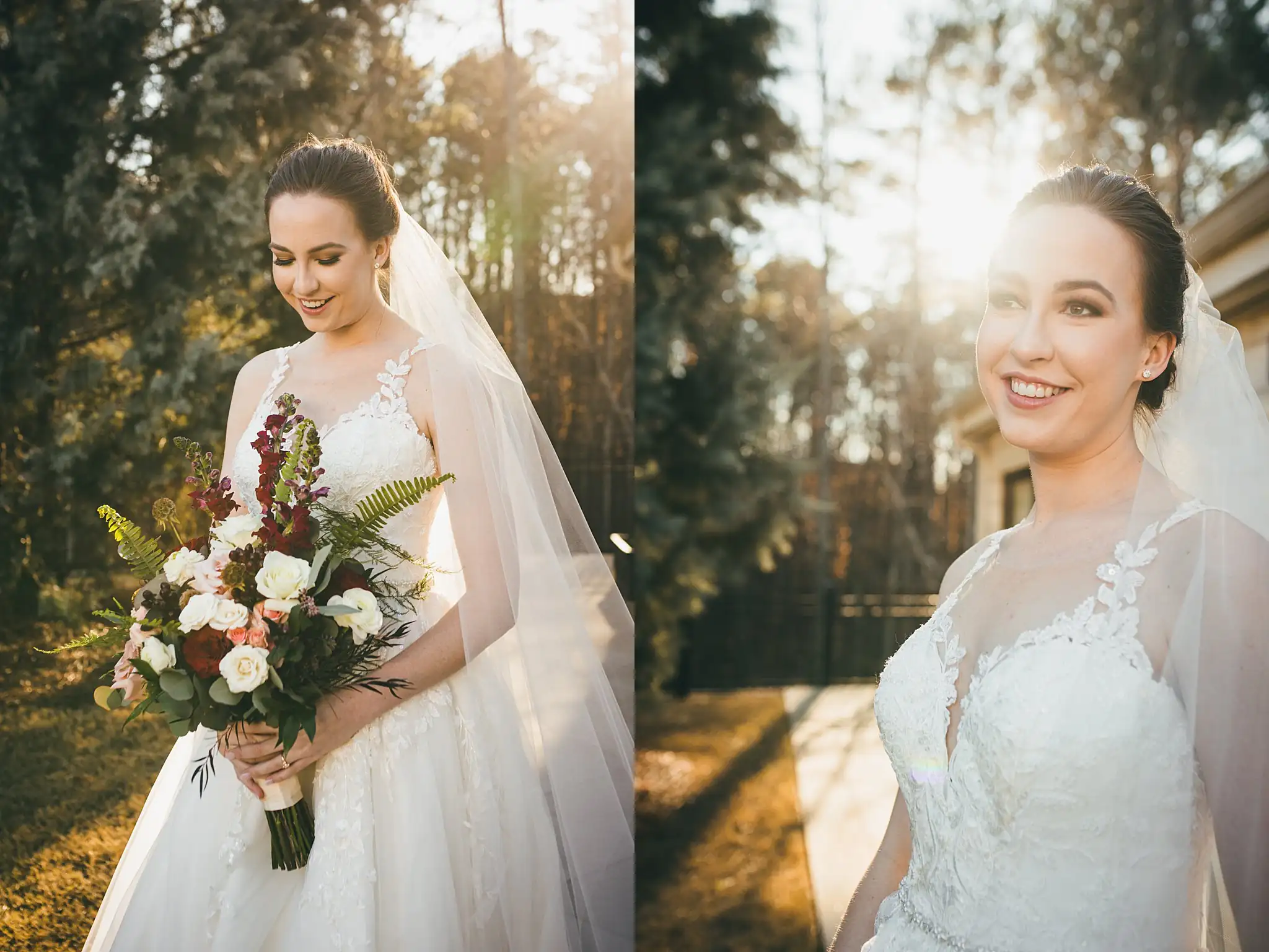 Bridal Portraits: the bride with her bouquet in the afternoon sun, at their wedding at Ashton Gardens Atlanta in Sugar Hill, GA