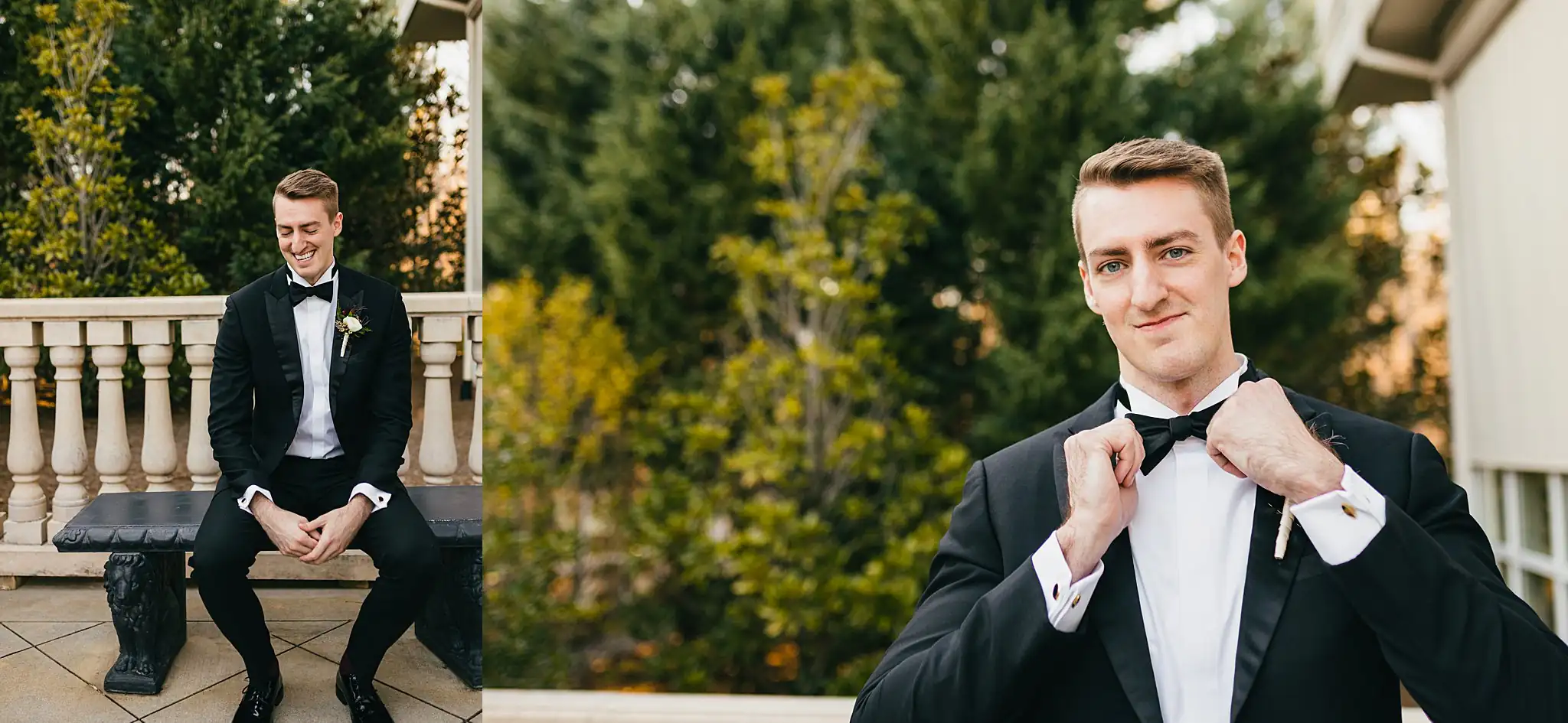 Getting Ready: the groom waiting, and straightening his bow tie, before their wedding at Ashton Gardens Atlanta in Sugar Hill, GA