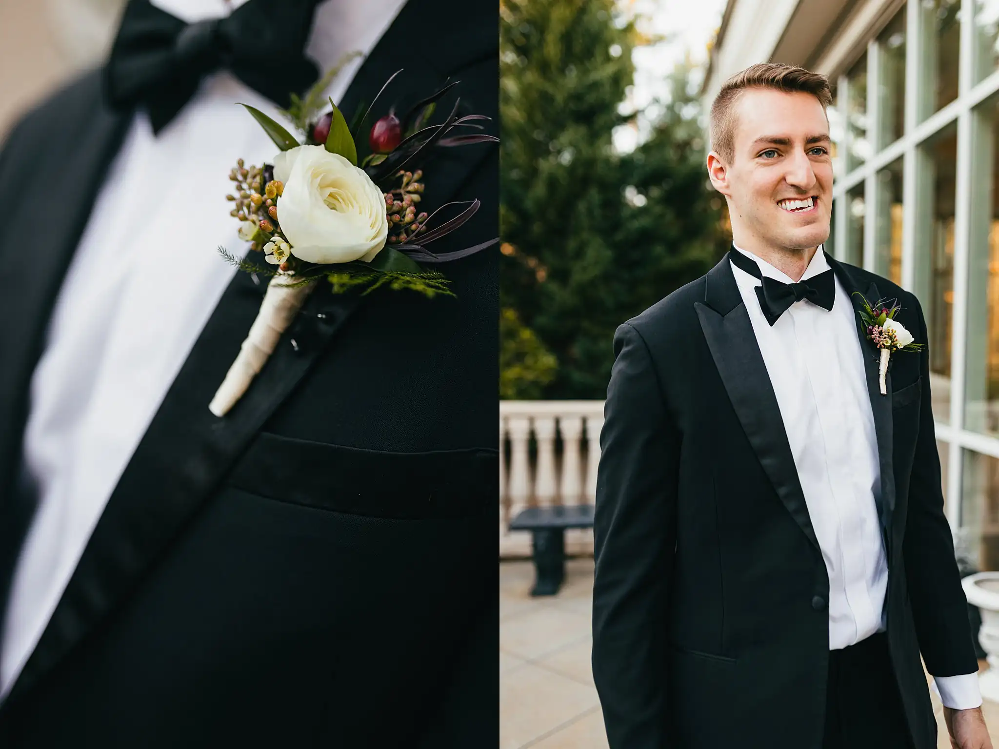 Wedding Details: the groom's white ranunculus boutonniere, at a wedding at Ashton Gardens Atlanta in Sugar Hill, GA