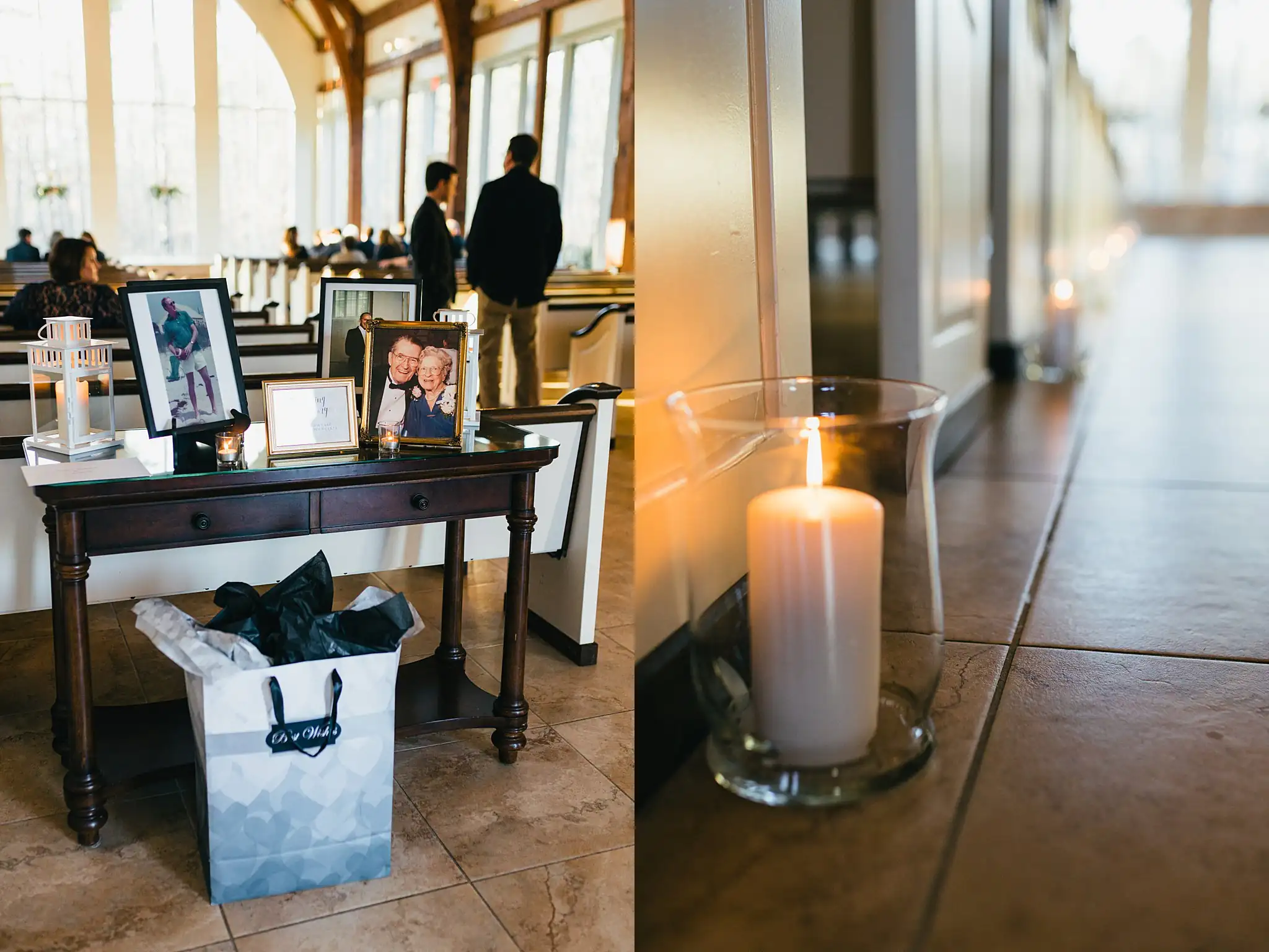 Reception Details: the memory table of framed family photographs, at their wedding at Ashton Gardens Atlanta in Sugar Hill, GA
