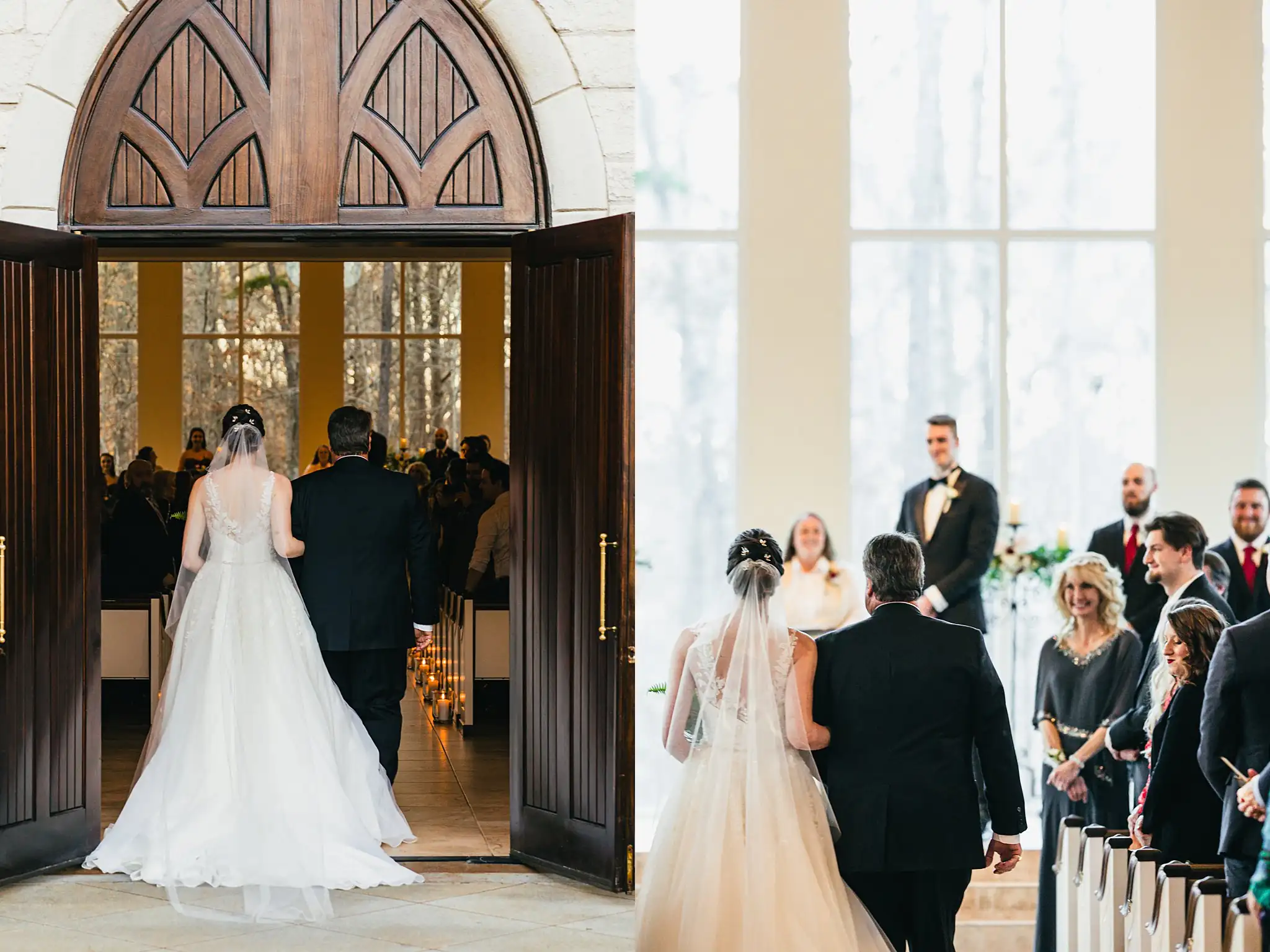 Processional: the bride entering the chapel on her father's arm, at their wedding at Ashton Gardens Atlanta in Sugar Hill, GA