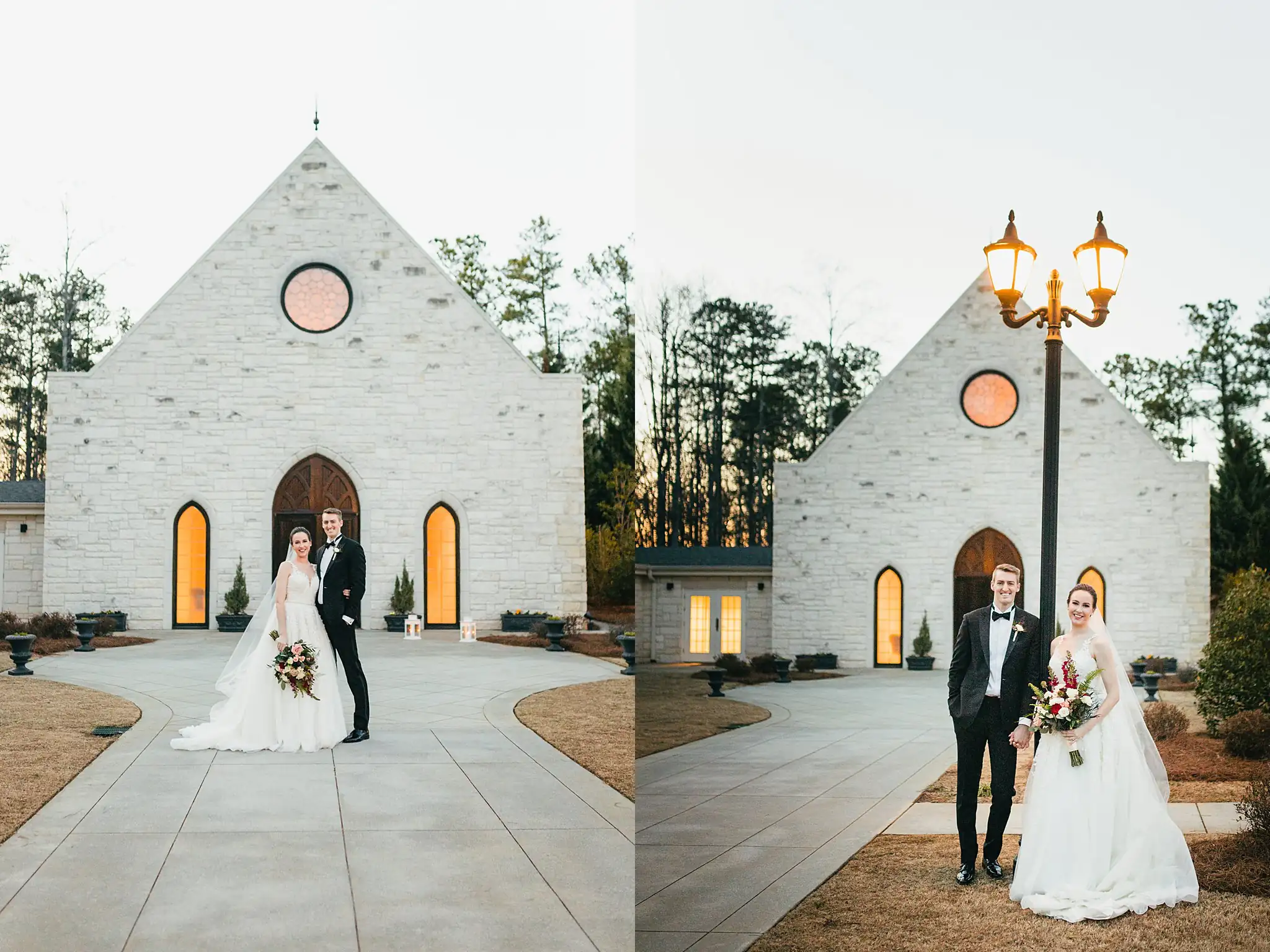 Wedding Formals: the couple outside the stone chapel at dusk, at their wedding at Ashton Gardens Atlanta in Sugar Hill, GA