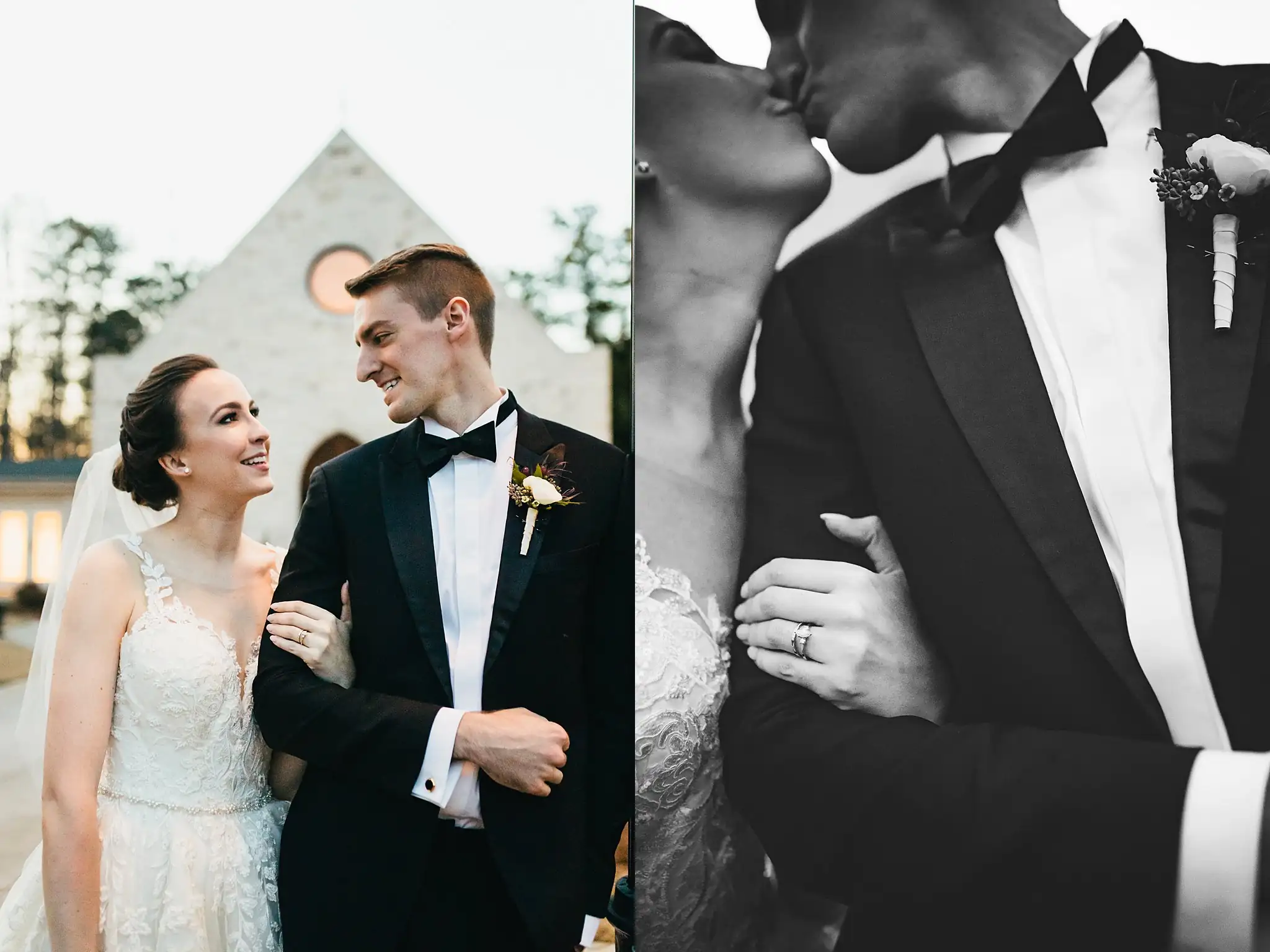 Wedding Formals: the couple arm in arm, her ring on his lapel, at their wedding at Ashton Gardens Atlanta in Sugar Hill, GA