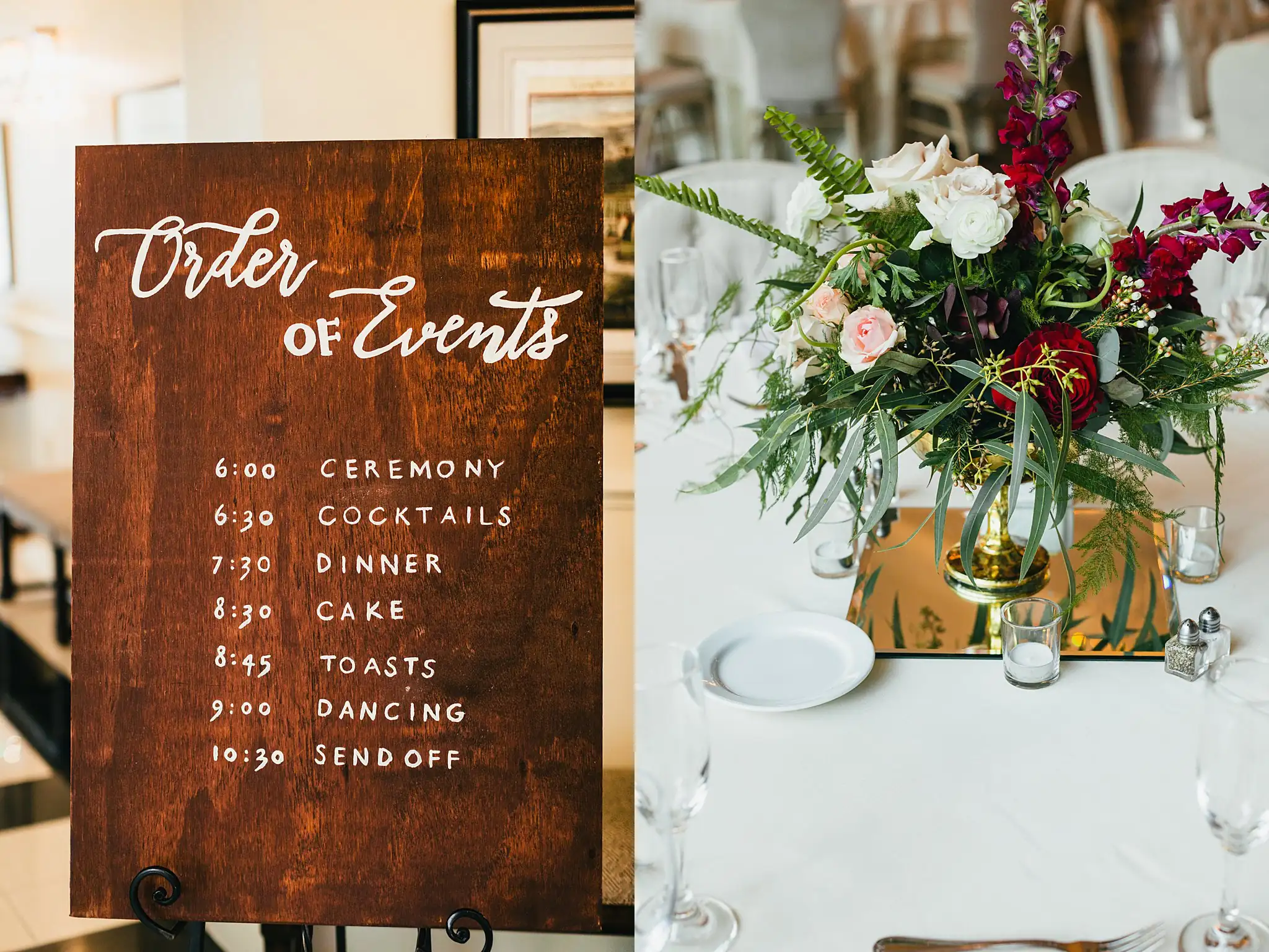 Reception Details: an Order of Events sign beside a burgundy centerpiece, at their wedding at Ashton Gardens Atlanta in Sugar Hill, GA