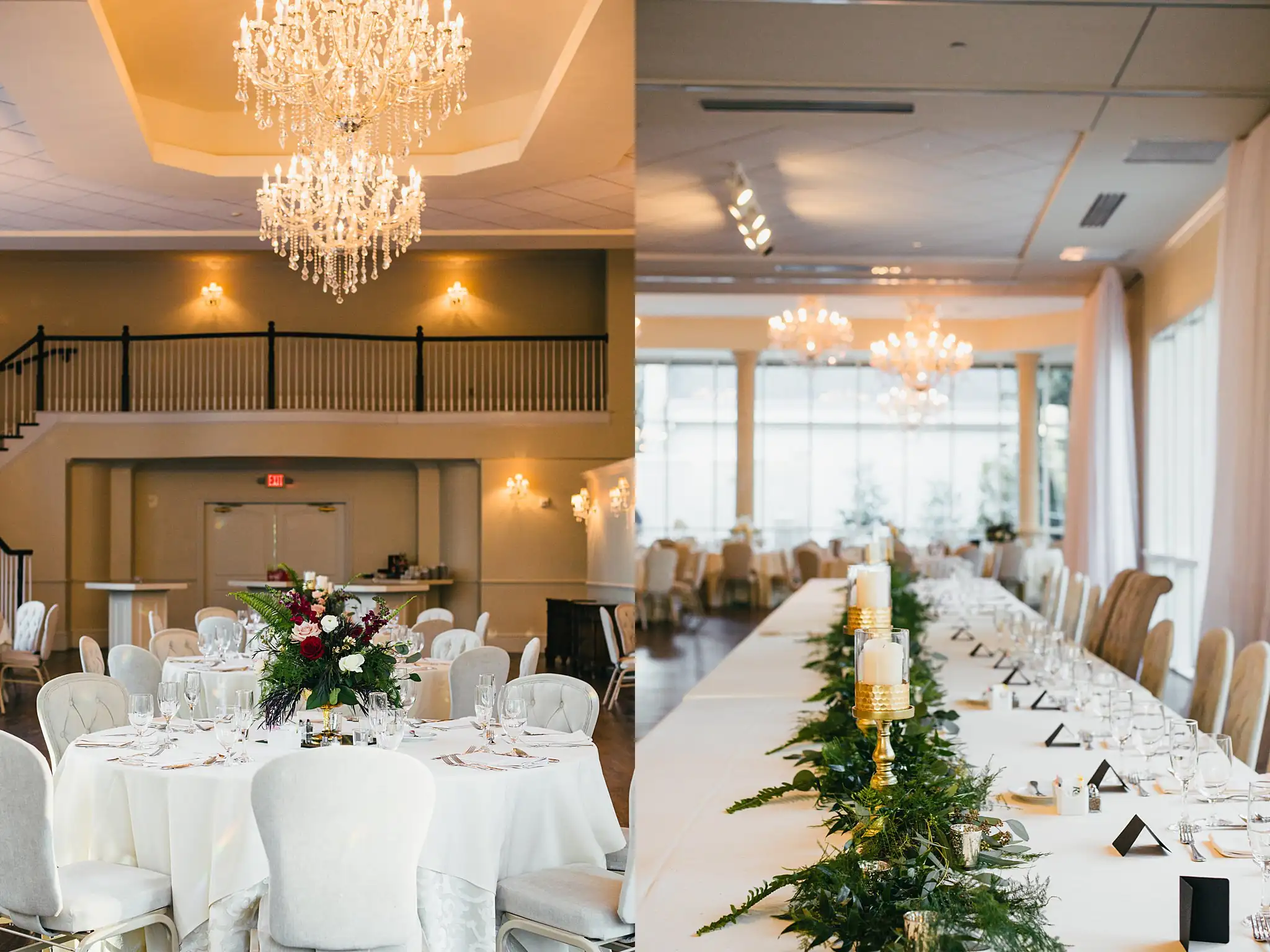 Reception Details: the reception hall and its long head table, at their wedding at Ashton Gardens Atlanta in Sugar Hill, GA