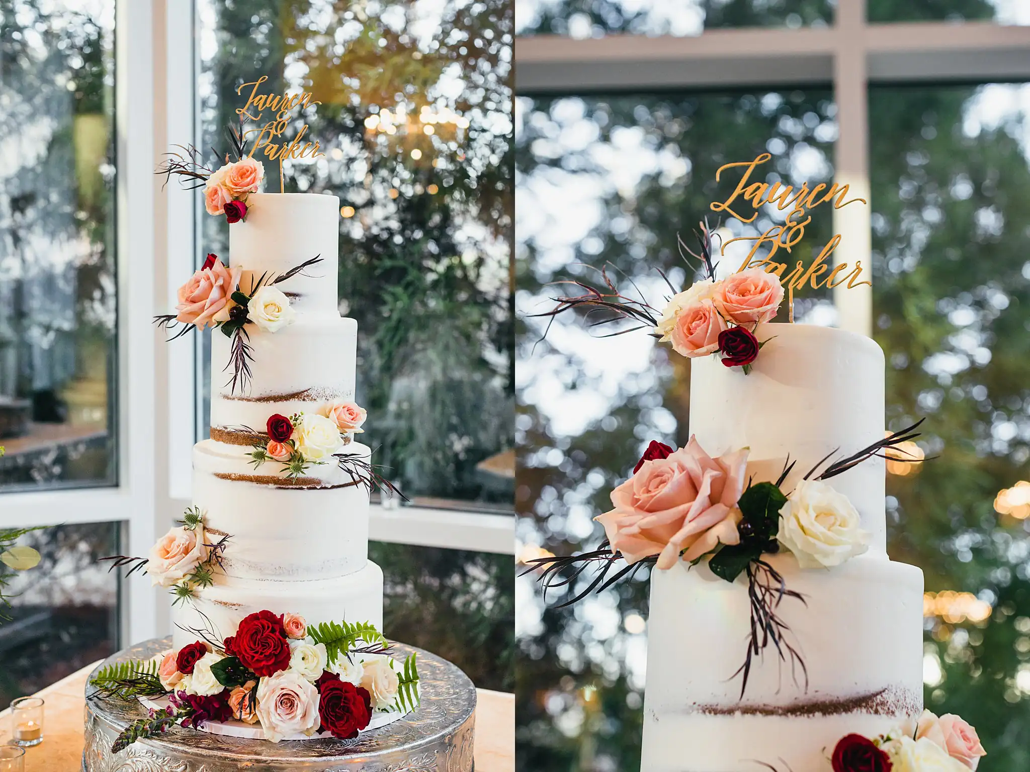 Wedding Cake Details: the tiered cake trimmed with blush and burgundy roses, at their wedding at Ashton Gardens Atlanta in Sugar Hill, GA