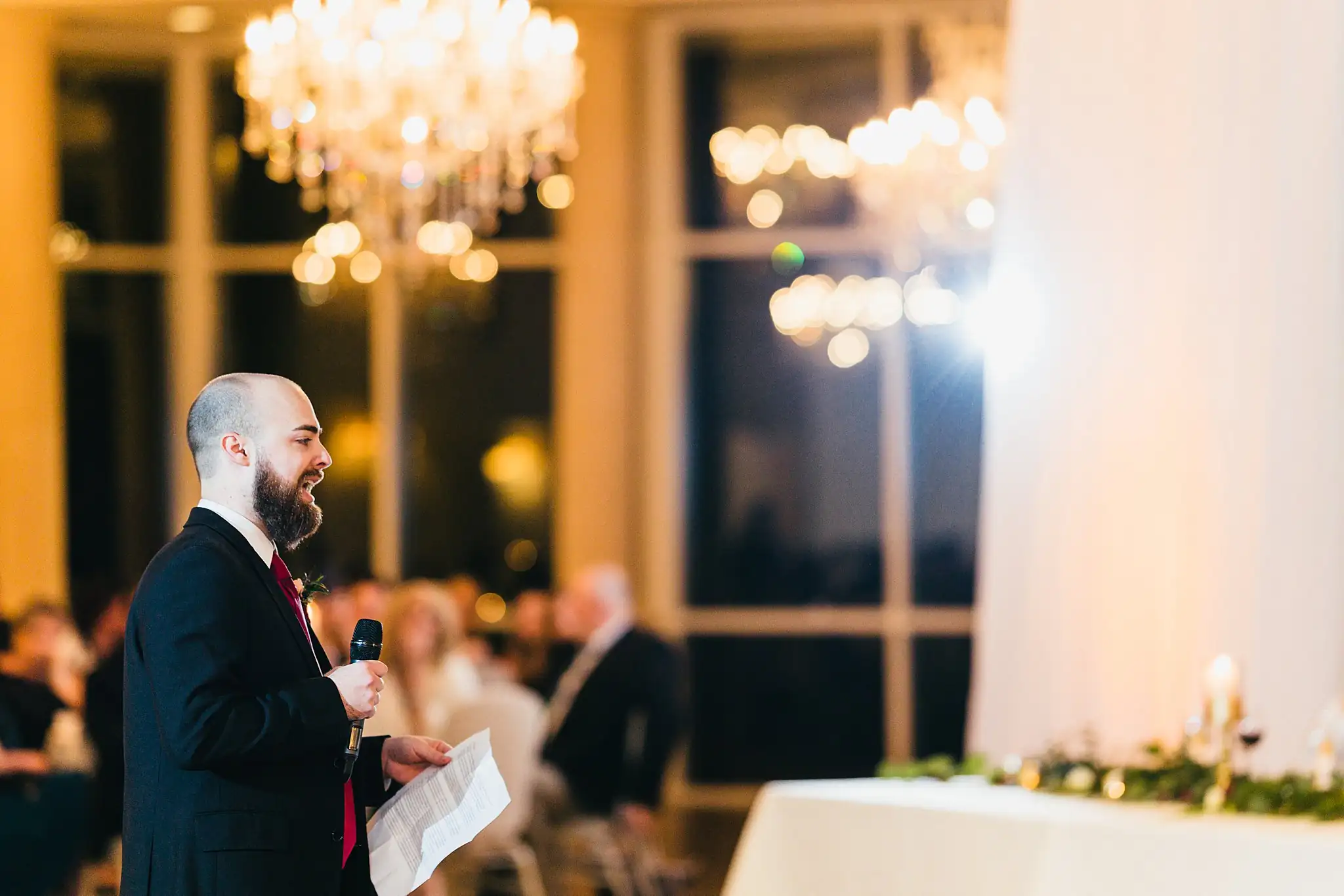 Wedding Reception: a groomsman giving his toast, at their wedding at Ashton Gardens Atlanta in Sugar Hill, GA