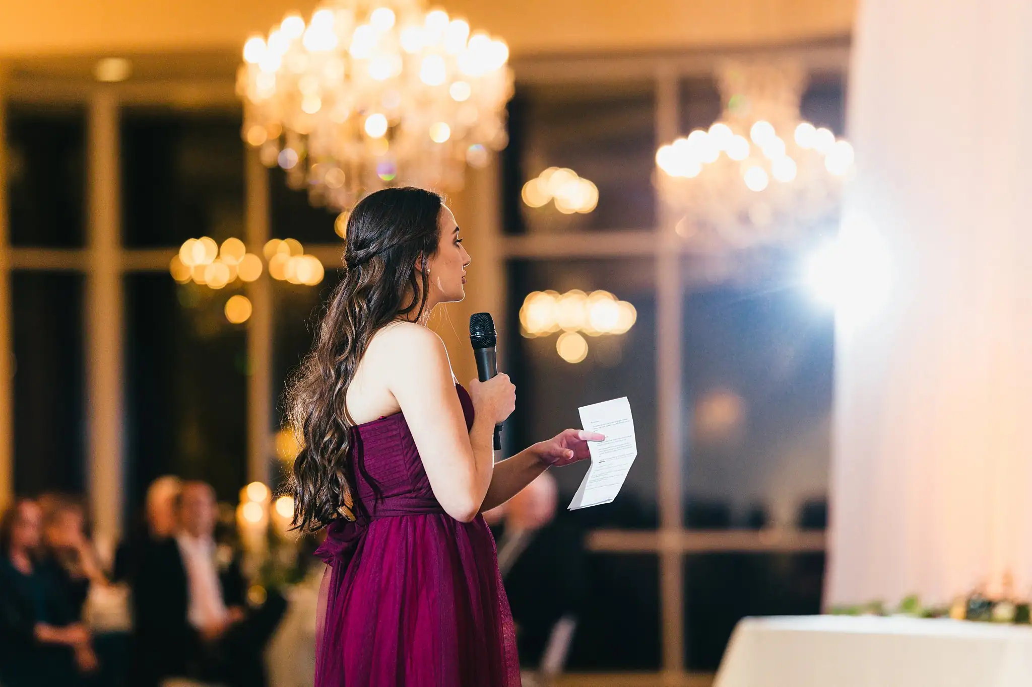 Wedding Reception: a bridesmaid giving her toast, at their wedding at Ashton Gardens Atlanta in Sugar Hill, GA