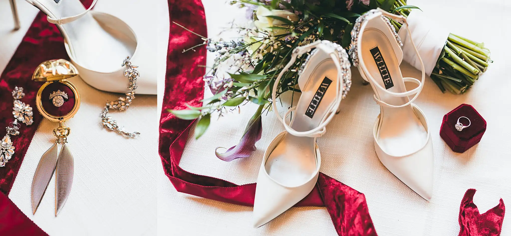 AtlantaWeddingPhotographers_1410.jpg Wedding Details: the bride's heels, earrings and burgundy ribbon, at a wedding at Three Birches in Alpharetta, GA