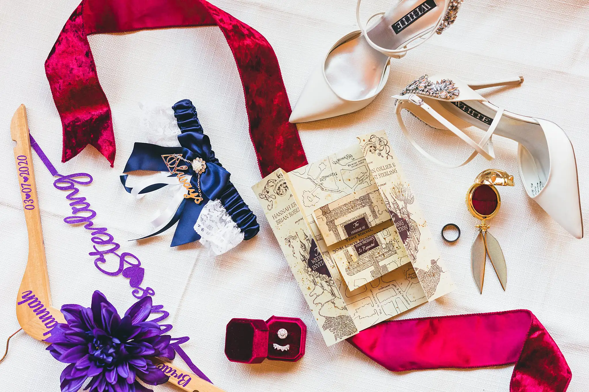 AtlantaWeddingPhotographers_1411.jpg Wedding Details: velvet ribbons, a garter and a Marauder's Map invitation, at a wedding at Three Birches in Alpharetta, GA