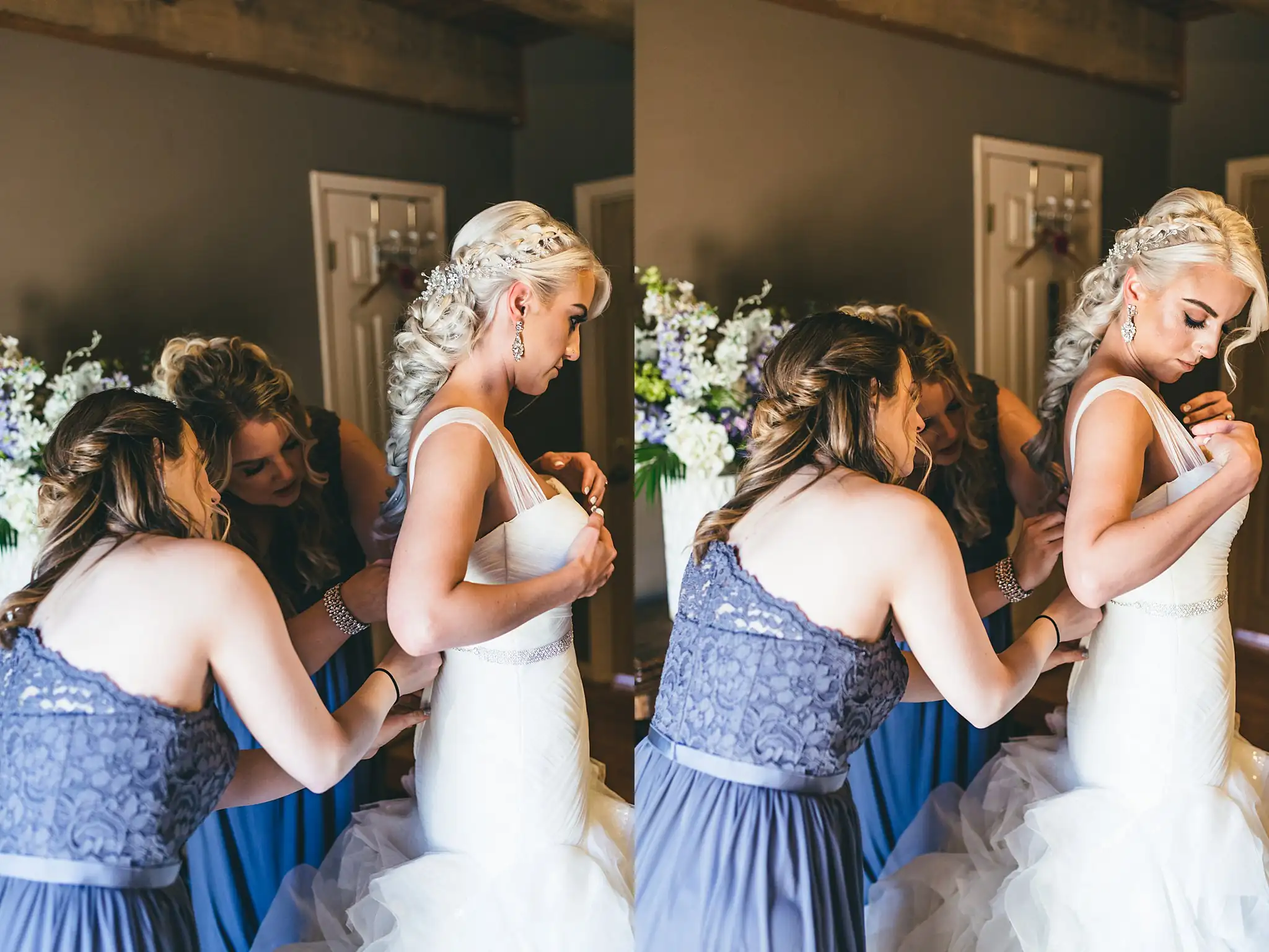 AtlantaWeddingPhotographers_1422.jpg Getting Ready: bridesmaids lacing the bride into her gown, before their wedding at Three Birches in Alpharetta, GA
