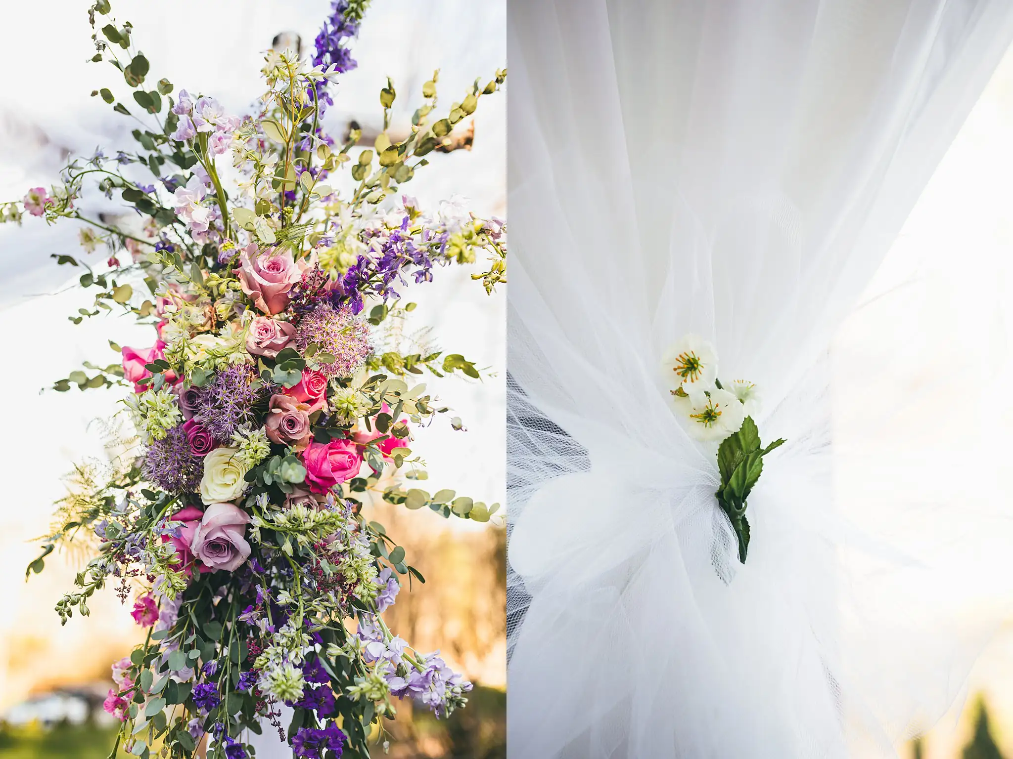 AtlantaWeddingPhotographers_1432.jpg Wedding Florals: a tall purple and pink arrangement by the arch, at a wedding at Three Birches in Alpharetta, GA