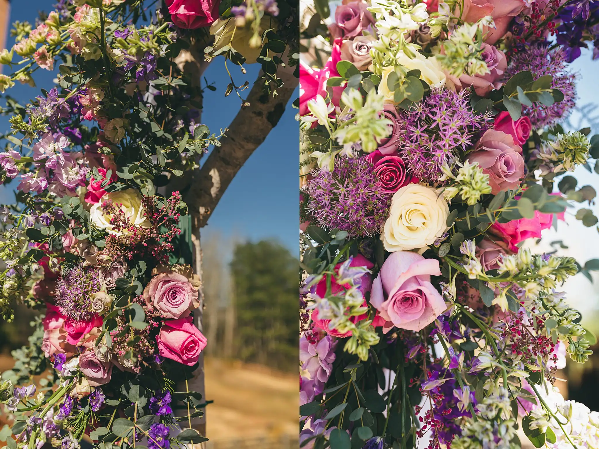 AtlantaWeddingPhotographers_1433.jpg Wedding Florals: pink roses and purple stock on the arch, at a wedding at Three Birches in Alpharetta, GA