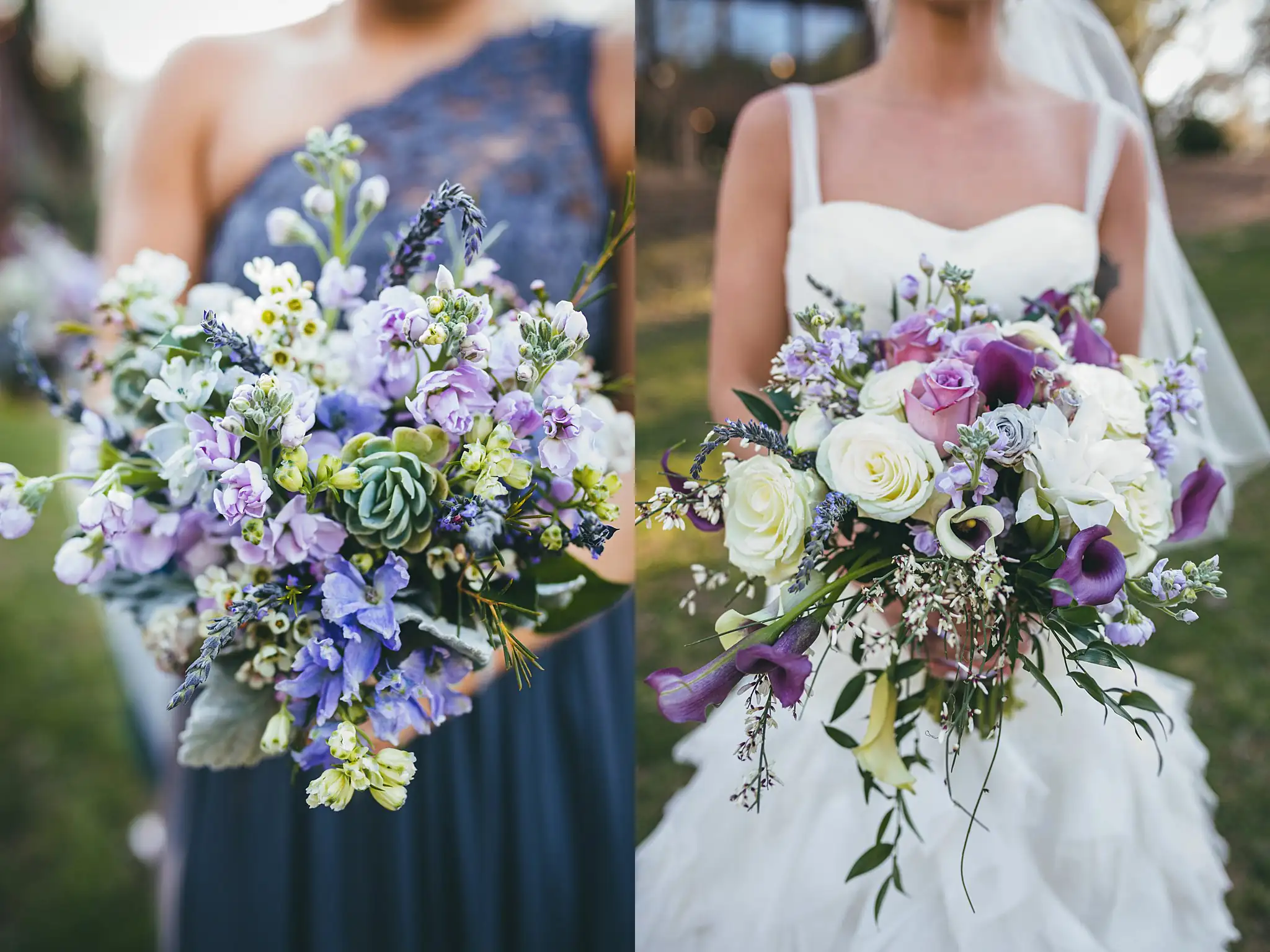 AtlantaWeddingPhotographers_1434.jpg Wedding Florals: the bridesmaids' purple bouquets and the bride's, at their wedding at Three Birches in Alpharetta, GA