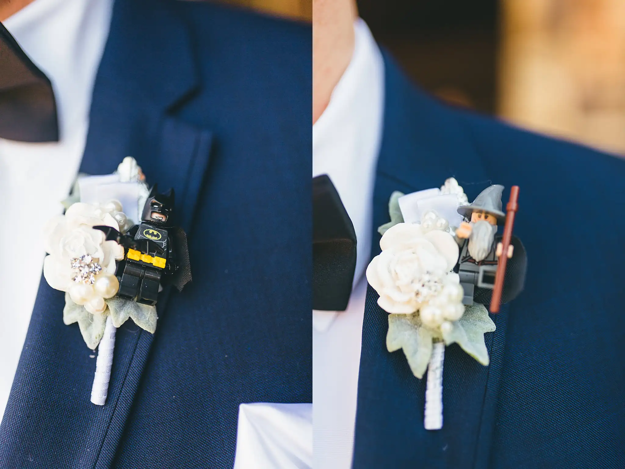 AtlantaWeddingPhotographers_1435.jpg Wedding Details: boutonnieres pinned with small figurines, at a wedding at Three Birches in Alpharetta, GA
