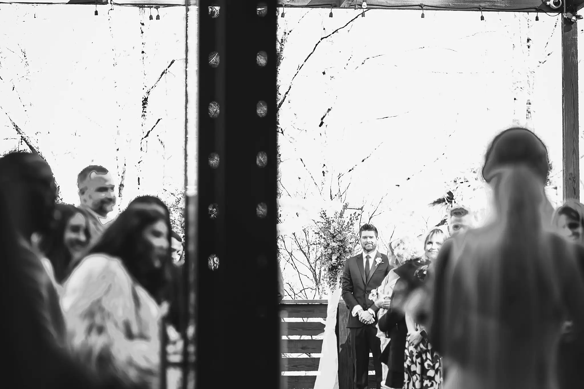 AtlantaWeddingPhotographers_1437.jpg Wedding Ceremony: the guests watching, in black and white, at their wedding at Three Birches in Alpharetta, GA