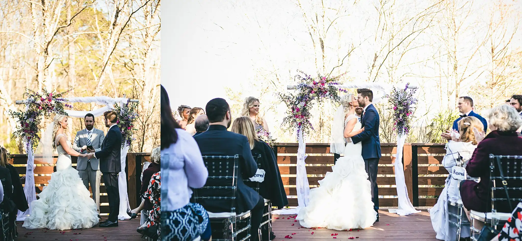 AtlantaWeddingPhotographers_1441.jpg Wedding Ceremony: the couple at the floral arch, at their wedding at Three Birches in Alpharetta, GA