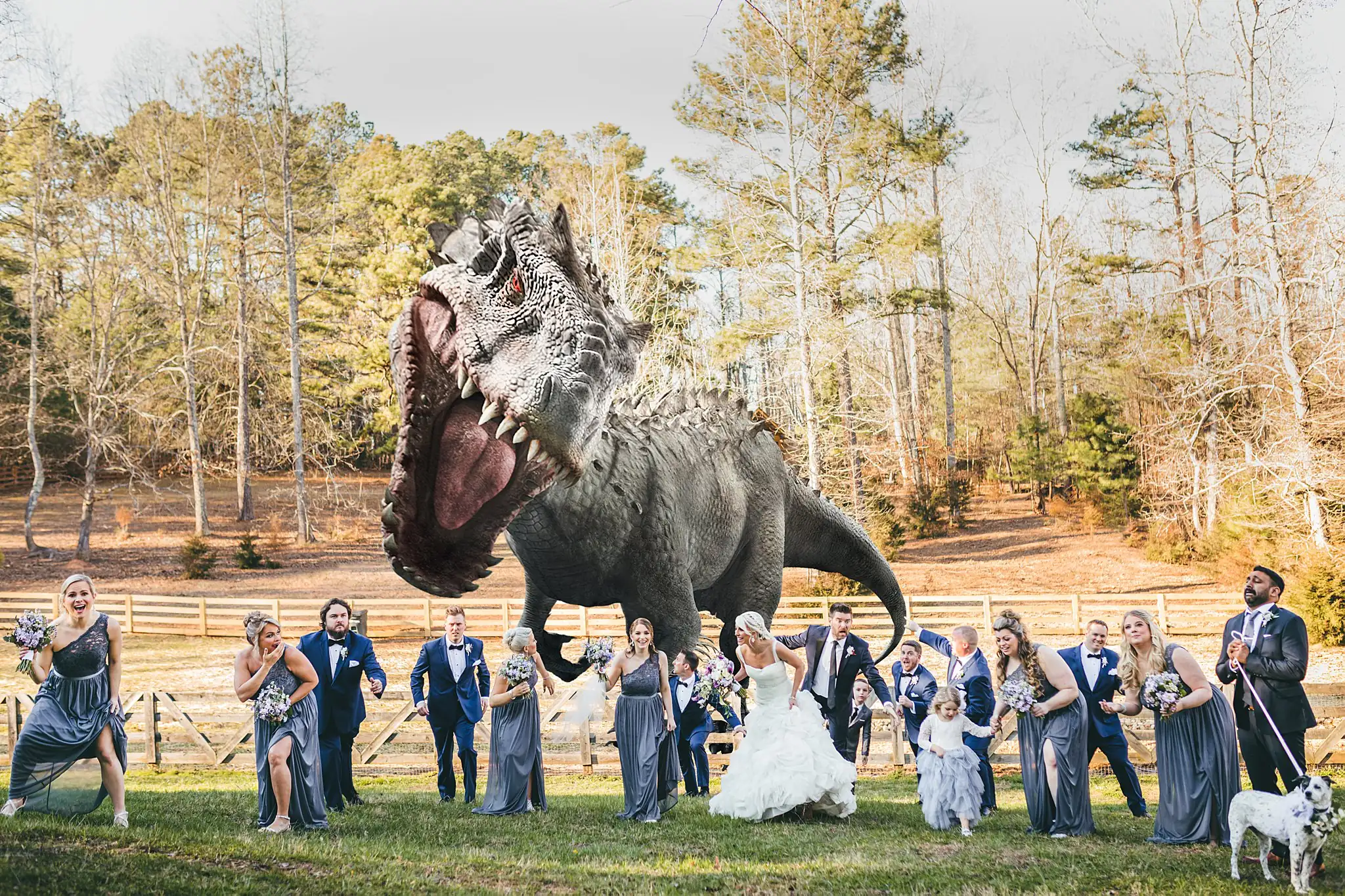 AtlantaWeddingPhotographers_1445.jpg Wedding Party: Novelty image: a bridal party composited with a dinosaur, at their wedding at Three Birches in Alpharetta, GA