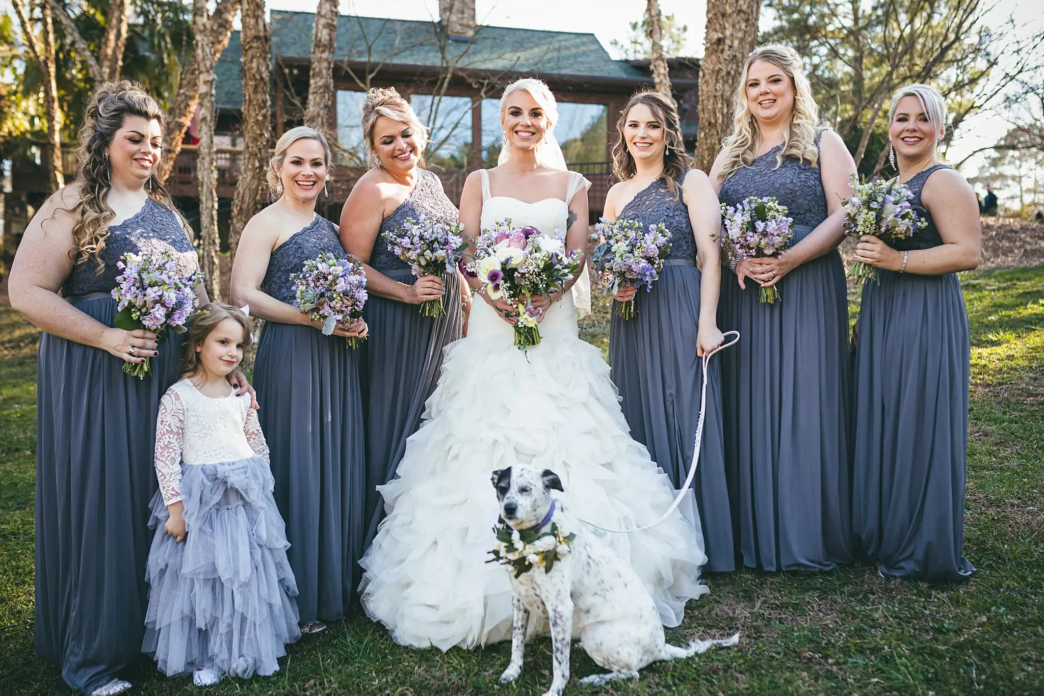 AtlantaWeddingPhotographers_1450.jpg Wedding Party: the bride and bridesmaids with the dog, at their wedding at Three Birches in Alpharetta, GA