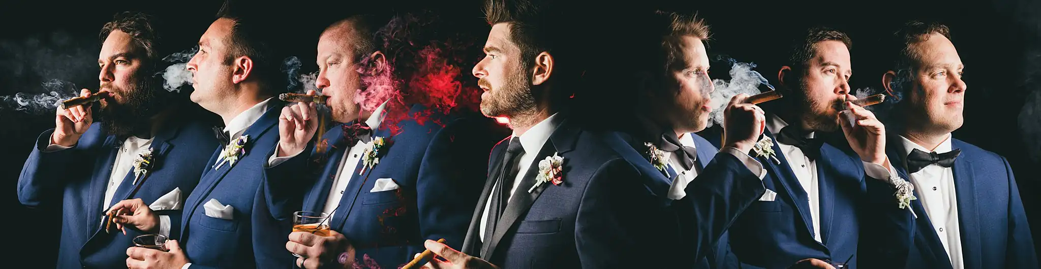 AtlantaWeddingPhotographers_1453.jpg Wedding Party: the groomsmen lined up with their cigars, at their wedding at Three Birches in Alpharetta, GA