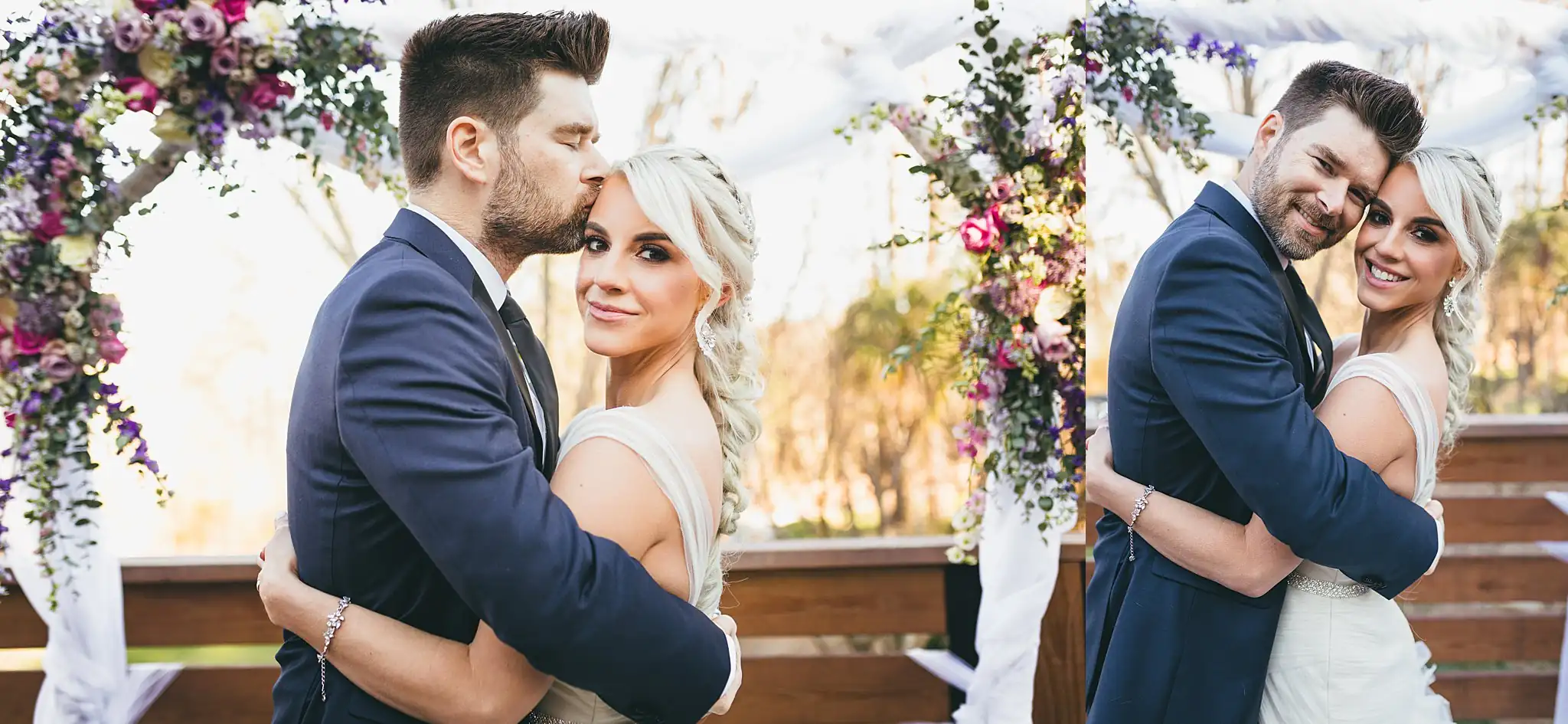 AtlantaWeddingPhotographers_1456.jpg Wedding Formals: the couple embracing under the floral arch, at their wedding at Three Birches in Alpharetta, GA