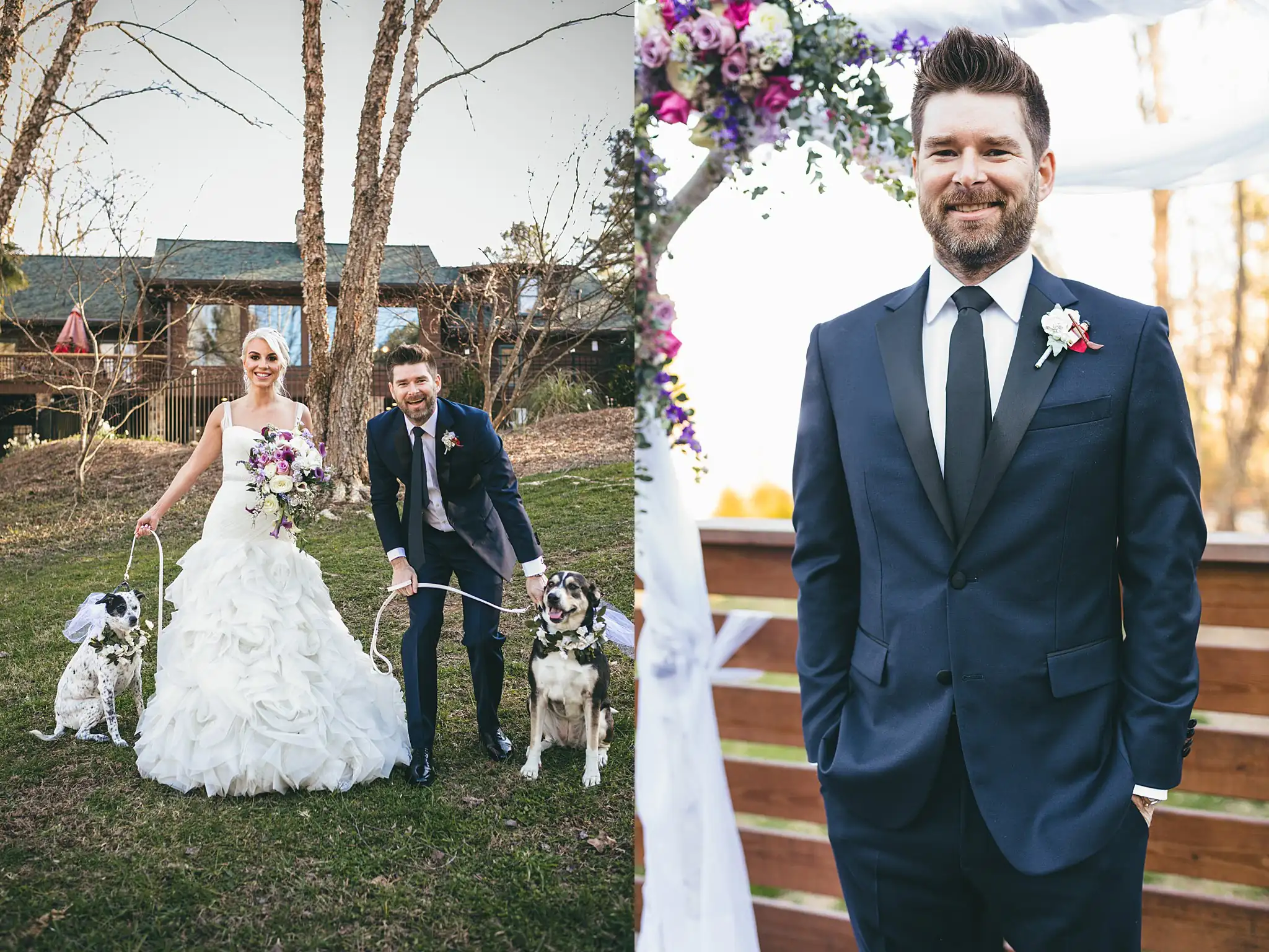 AtlantaWeddingPhotographers_1458.jpg Wedding Formals: the couple with their two dogs, at their wedding at Three Birches in Alpharetta, GA