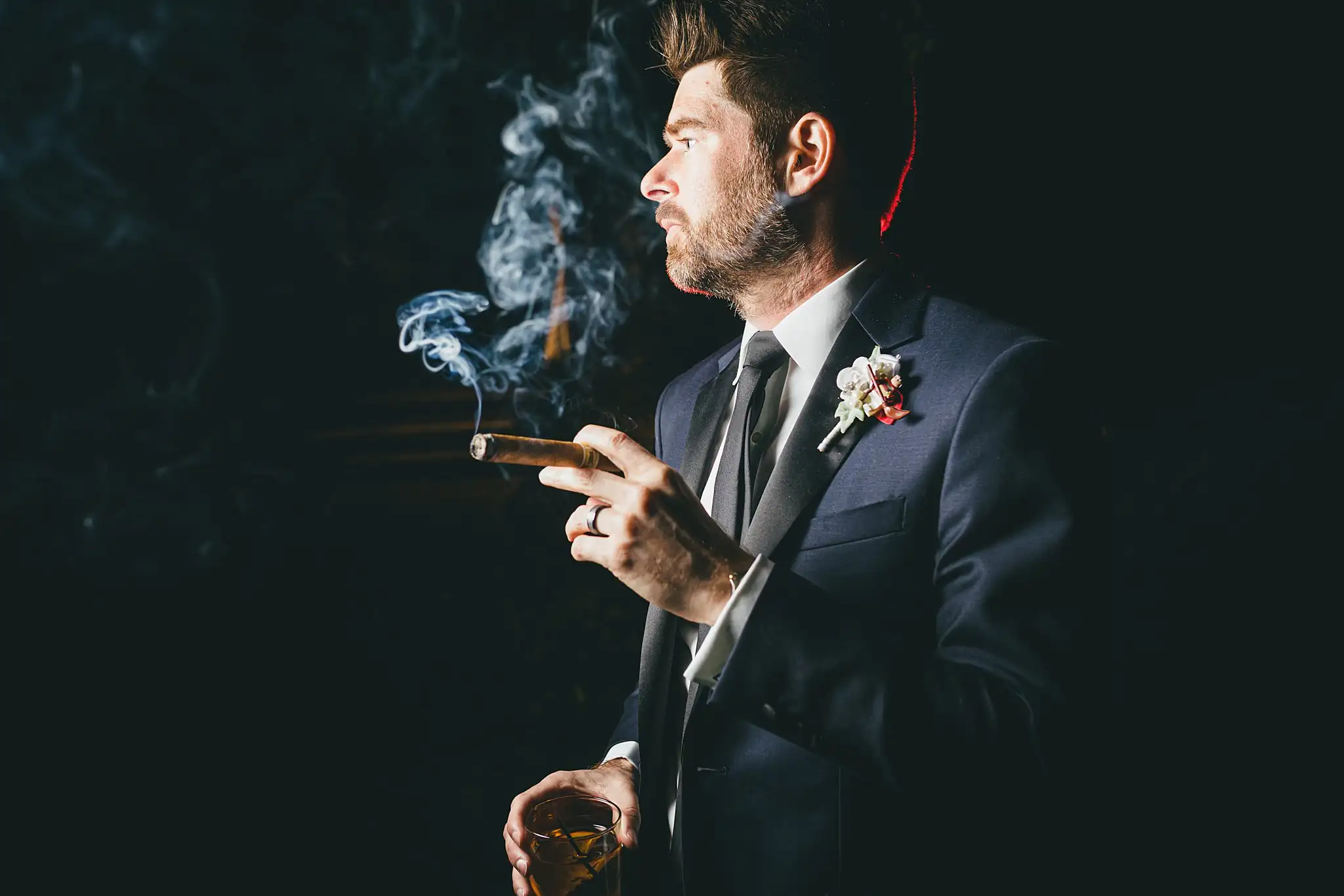 AtlantaWeddingPhotographers_1460.jpg Wedding Formals: the groom with a cigar and a whiskey, at their wedding at Three Birches in Alpharetta, GA