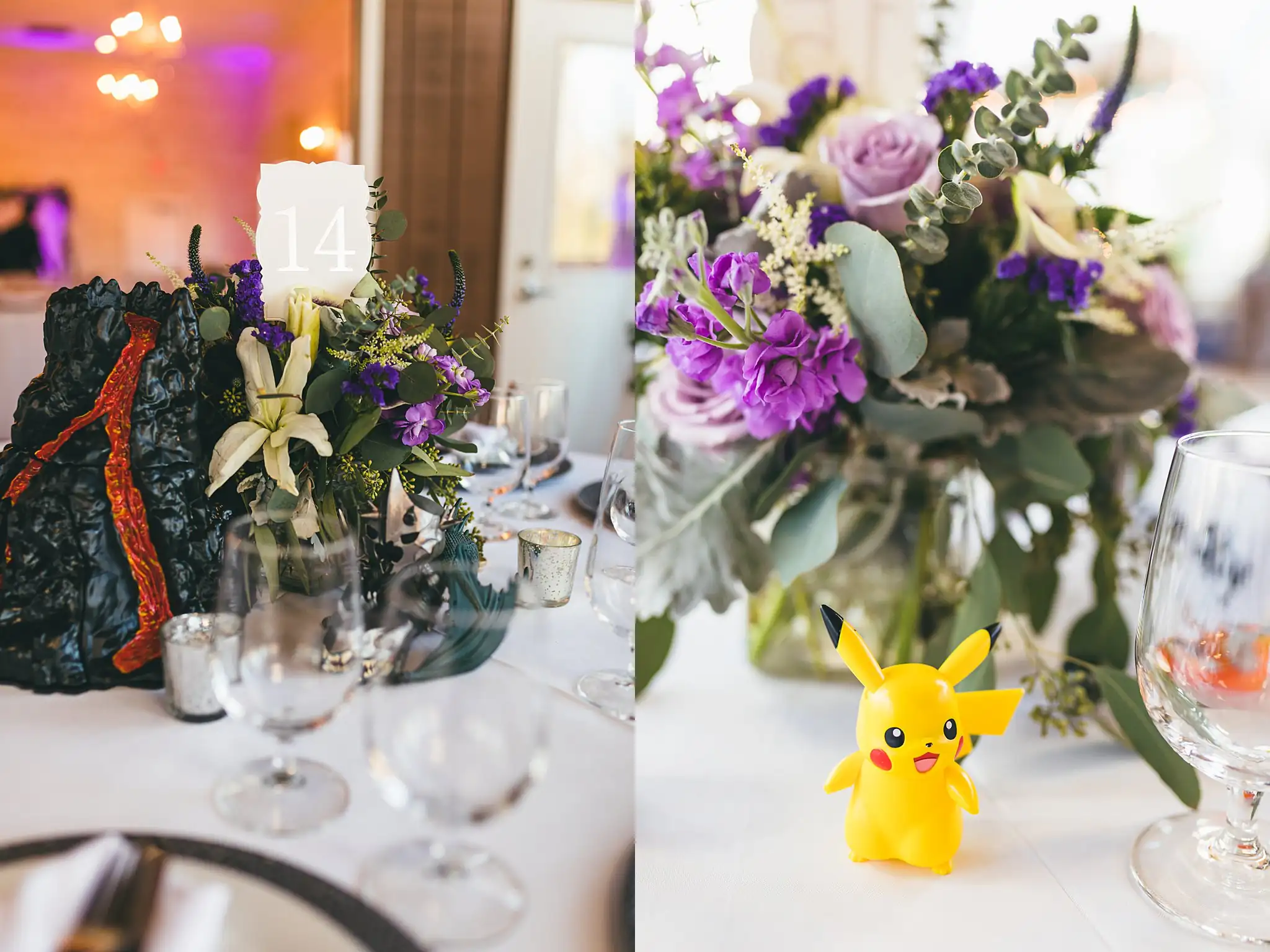 AtlantaWeddingPhotographers_1463.jpg Reception Details: a centerpiece of purple flowers with a Pikachu figure, at their wedding at Three Birches in Alpharetta, GA