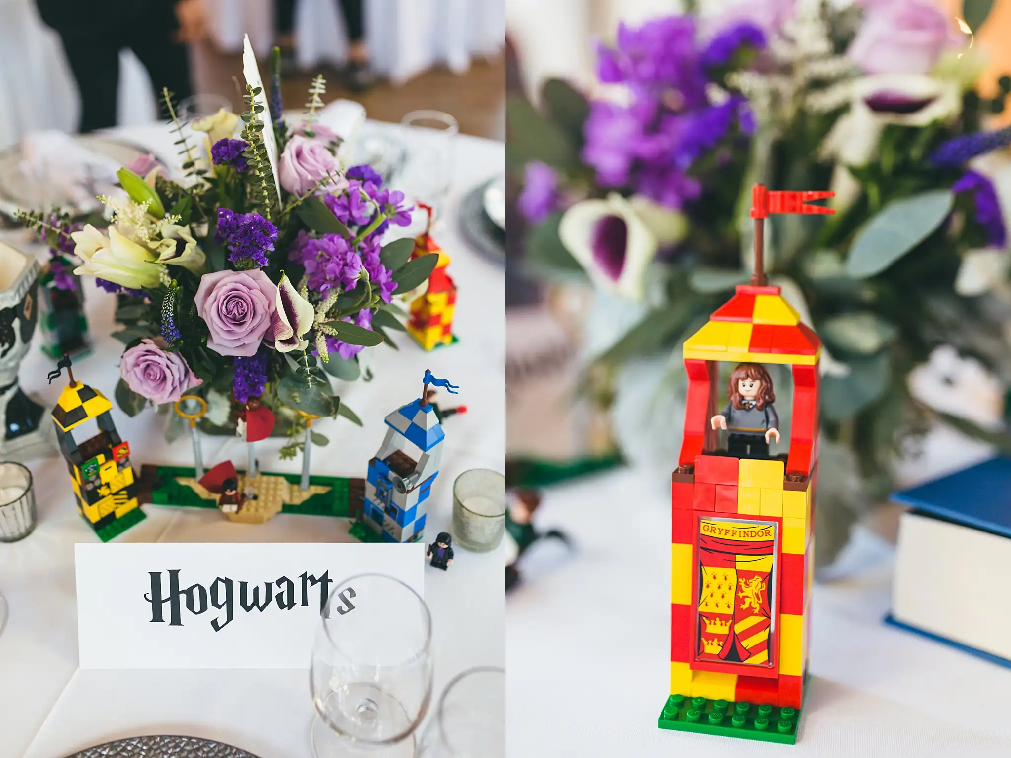 AtlantaWeddingPhotographers_1464.jpg Reception Details: a Lego tower and a table card lettered Hogwarts, at their wedding at Three Birches in Alpharetta, GA