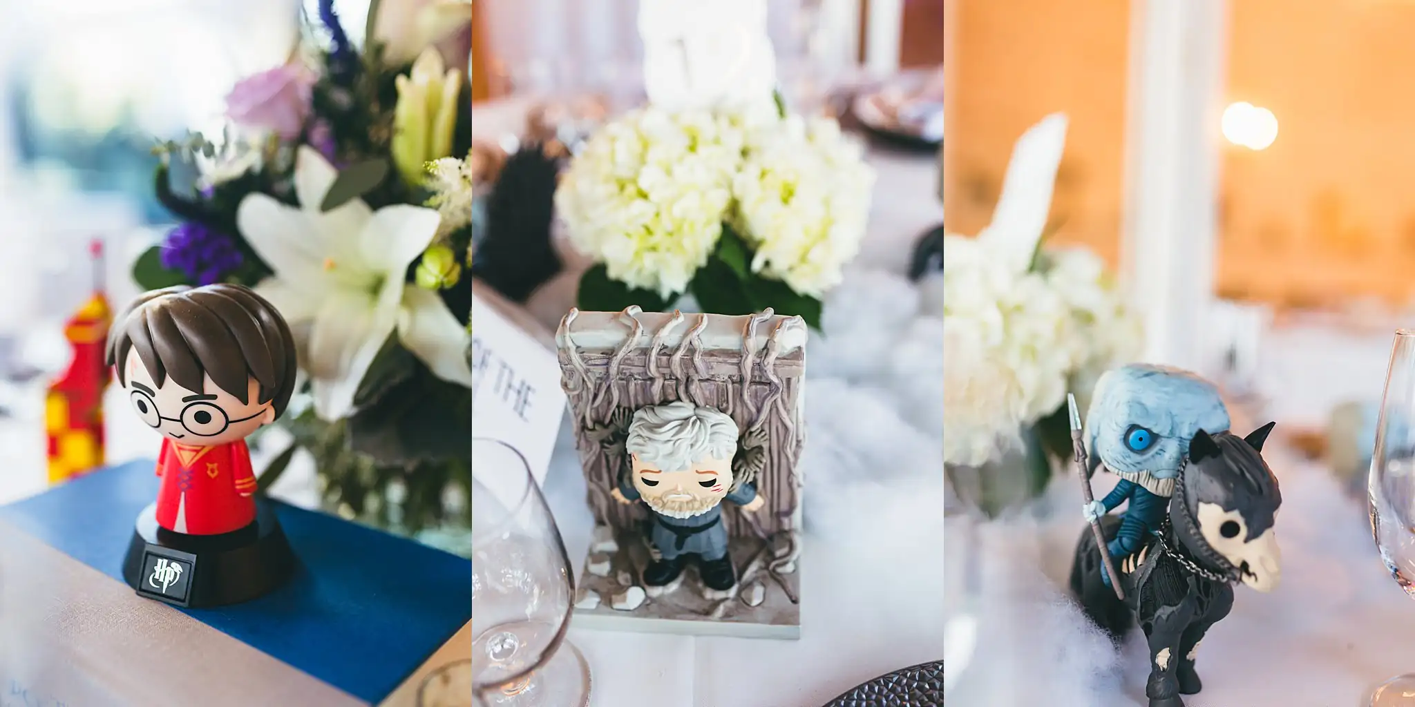 AtlantaWeddingPhotographers_1465.jpg Reception Details: Harry Potter figures marking the tables, at their wedding at Three Birches in Alpharetta, GA