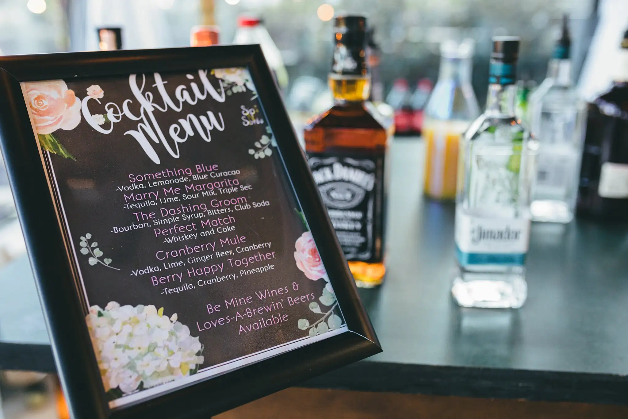 AtlantaWeddingPhotographers_1469.jpg Reception Details: the framed cocktail menu at the bar, at their wedding at Three Birches in Alpharetta, GA
