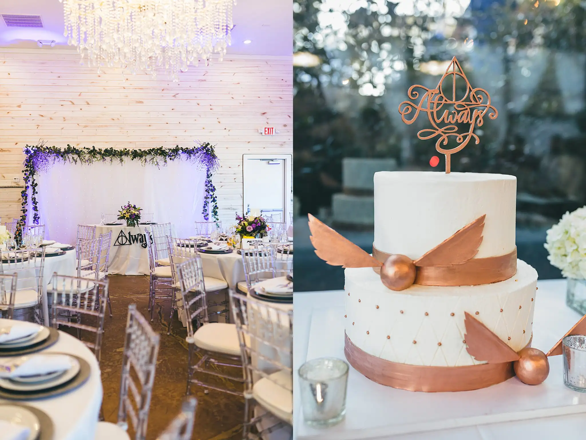 AtlantaWeddingPhotographers_1470.jpg Wedding Cake Details: the cake with its copper ribbon and snitch wings, at their wedding at Three Birches in Alpharetta, GA