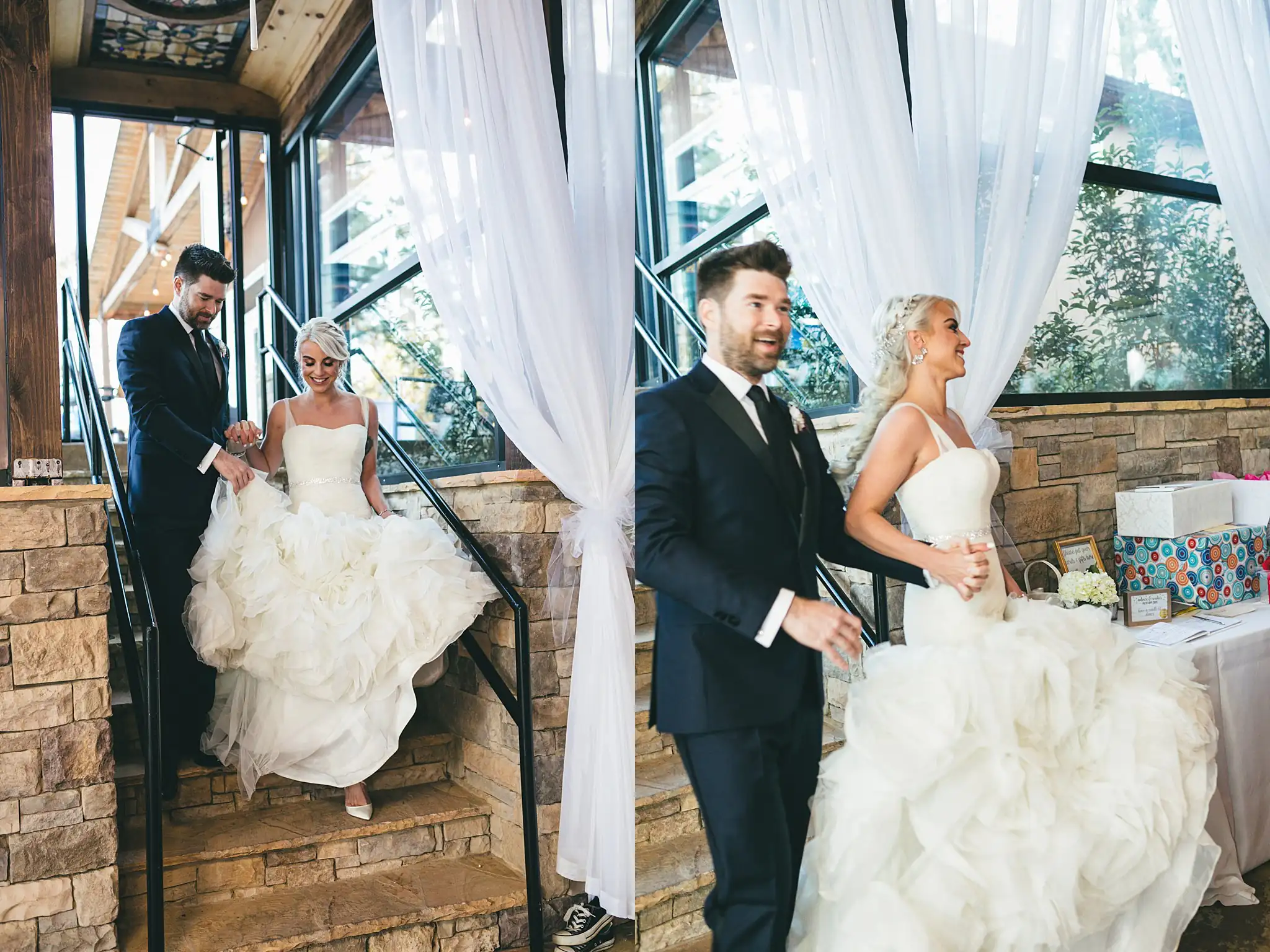 AtlantaWeddingPhotographers_1474.jpg Wedding Reception: the couple coming down to the reception, at their wedding at Three Birches in Alpharetta, GA