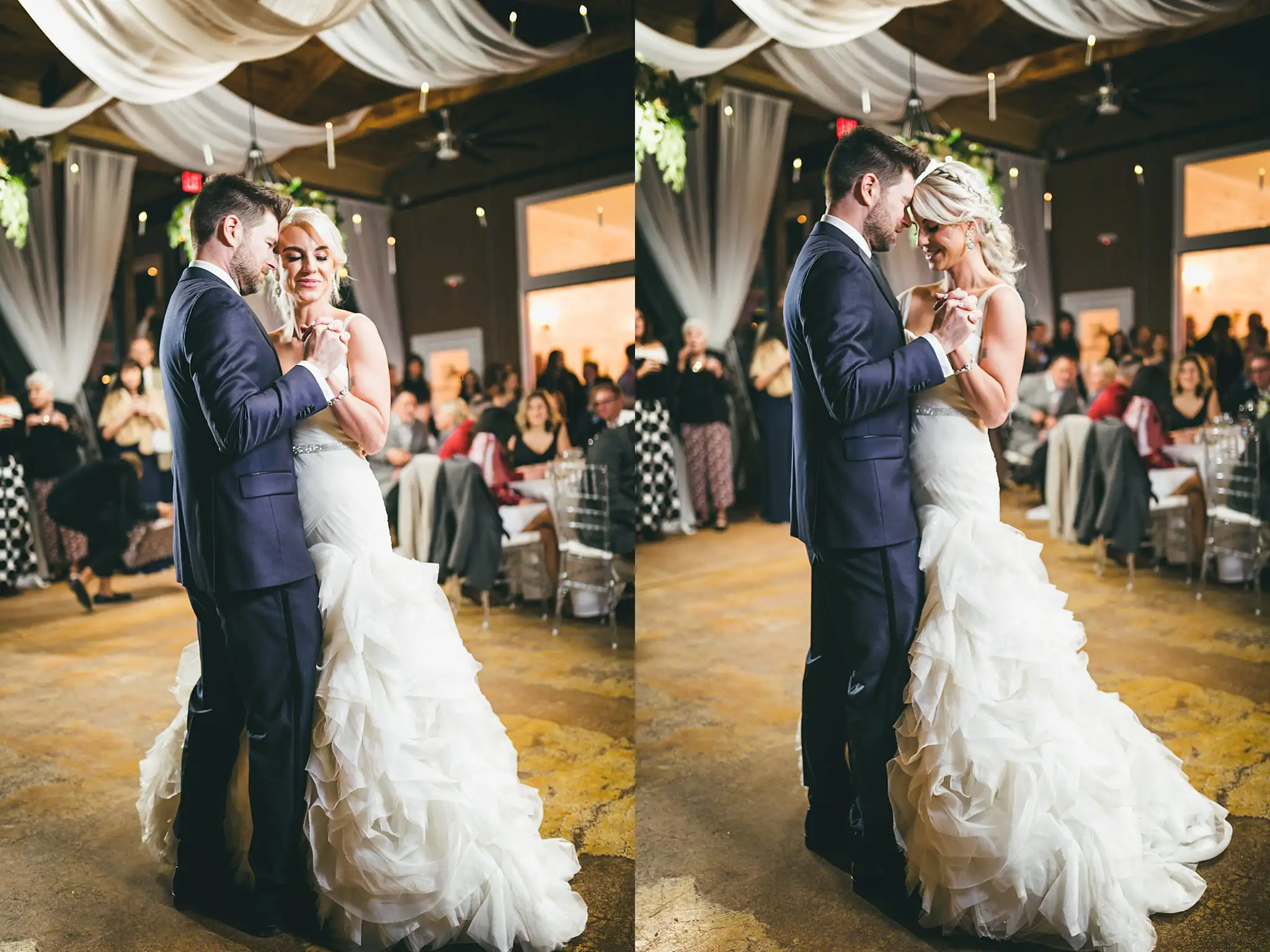 AtlantaWeddingPhotographers_1476.jpg First Dance: the couple dancing, her ruffled skirt turning, at their wedding at Three Birches in Alpharetta, GA