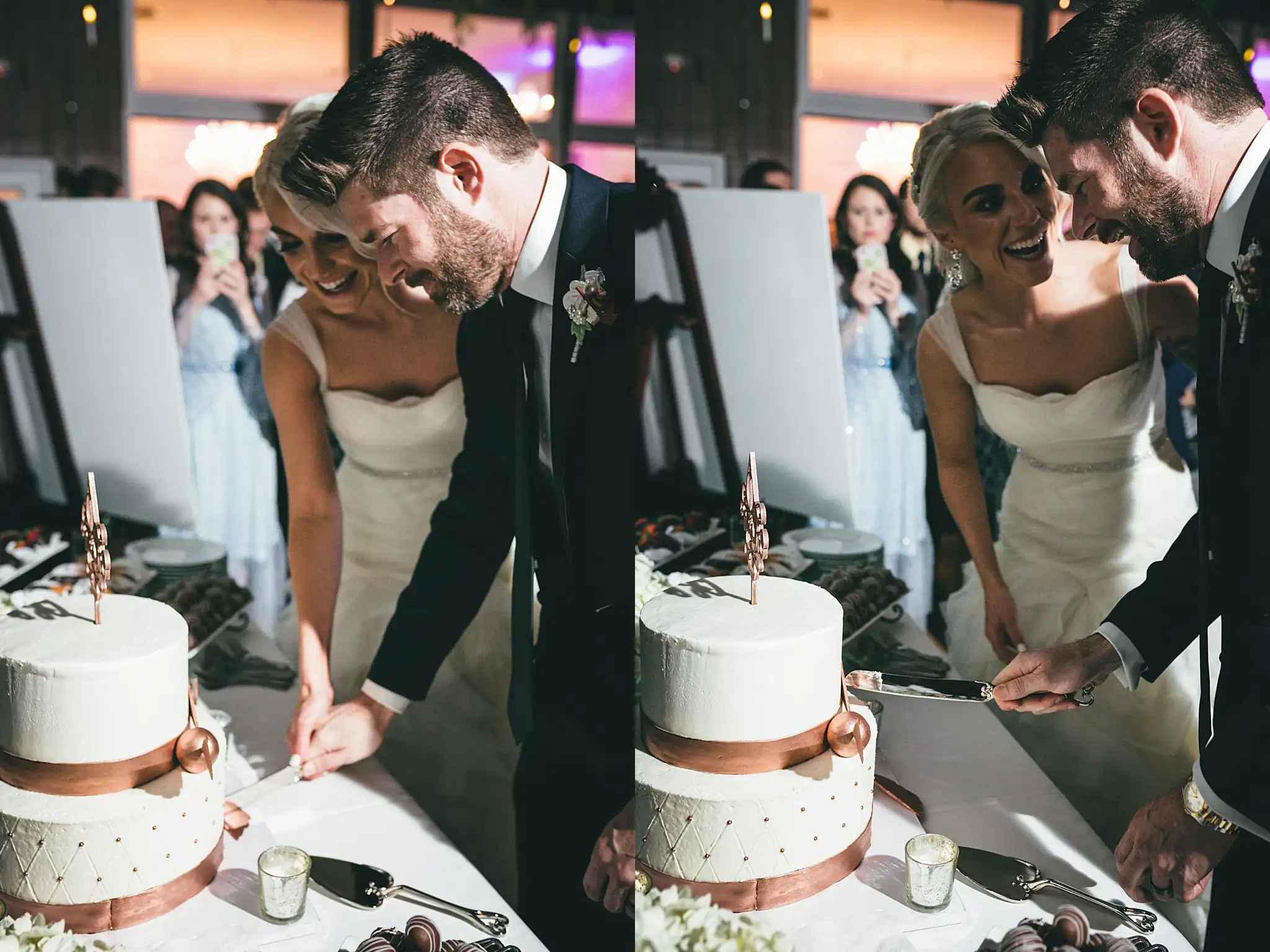 AtlantaWeddingPhotographers_1483.jpg Cake Cutting: the couple cutting their copper-ribboned cake, at their wedding at Three Birches in Alpharetta, GA