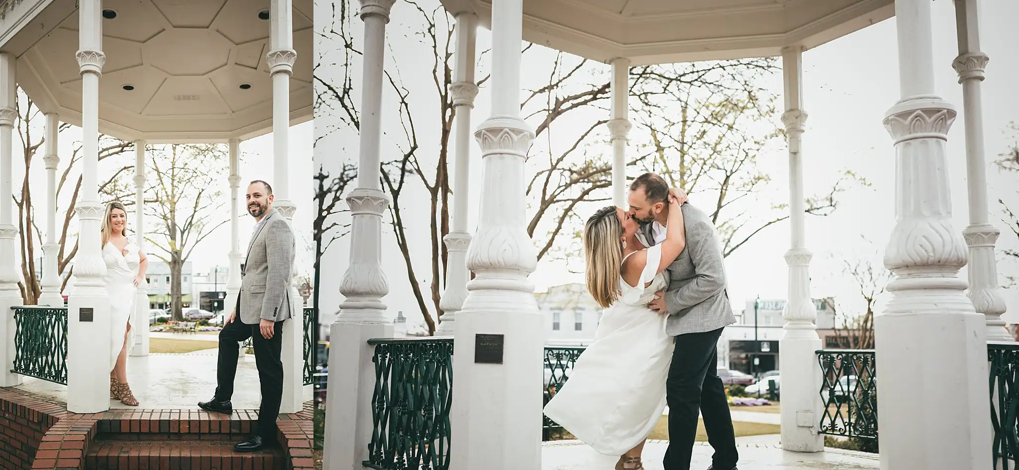 Engagement Portraits: the couple under the square’s white bandstand, during their engagement session at Marietta Square in Marietta, GA