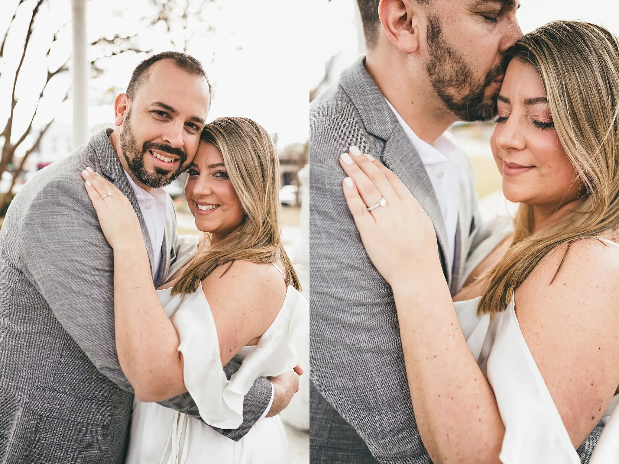Engagement Portraits: her hand and ring on his chest, in a set, during their engagement session at Marietta Square in Marietta, GA