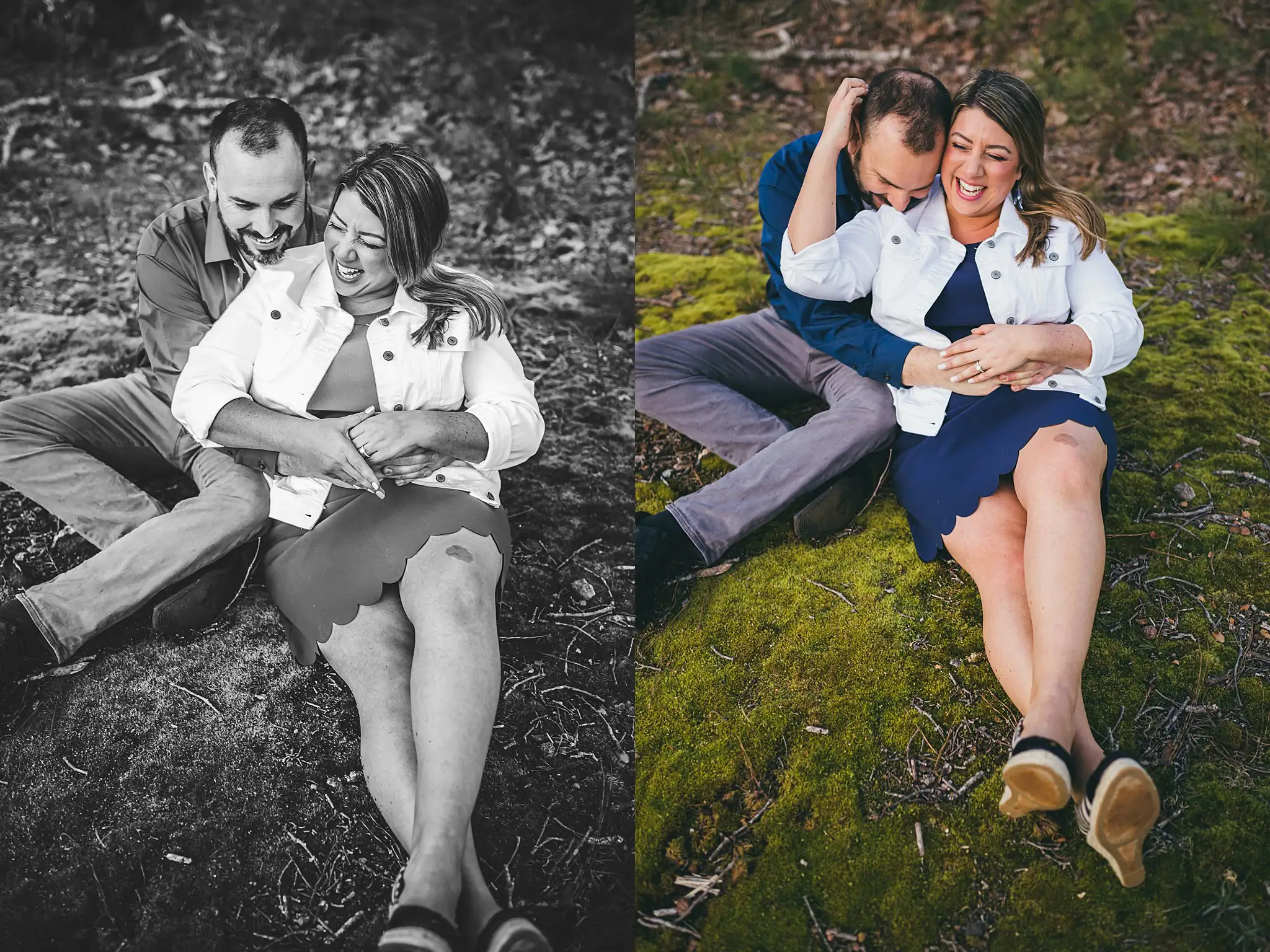 Engagement Portraits: lying back in the moss, laughing, in a set, during their engagement session at Kennesaw Mountain in Kennesaw, GA