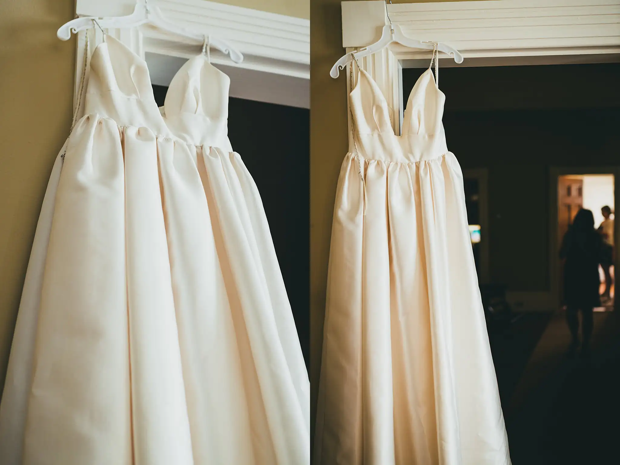 AtlantaWeddingPhotographers_1548.jpg Wedding Details: the ivory gown on its hanger in the doorway, in a set, at a micro wedding at Barrington Hall in Roswell, GA