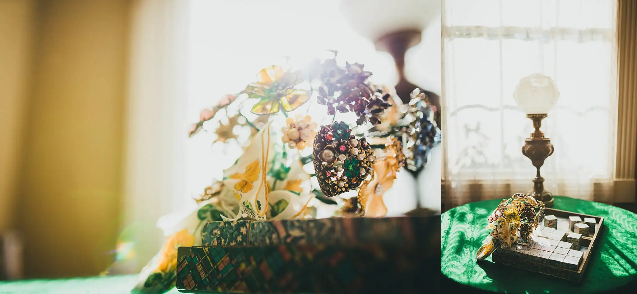 AtlantaWeddingPhotographers_1549.jpg Wedding Florals: the brooch bouquet on a table beside a lamp, at an intimate wedding at Barrington Hall in Roswell, GA