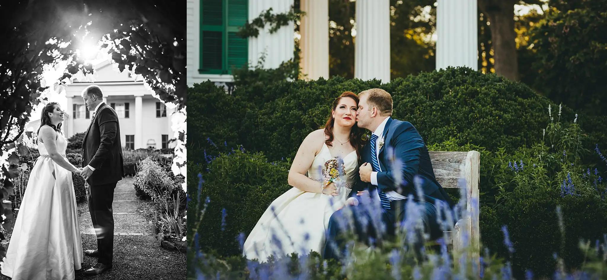 AtlantaWeddingPhotographers_1557.jpg Wedding Formals: the couple at the columns and in the garden, in a set, at their elopement at Barrington Hall in Roswell, GA