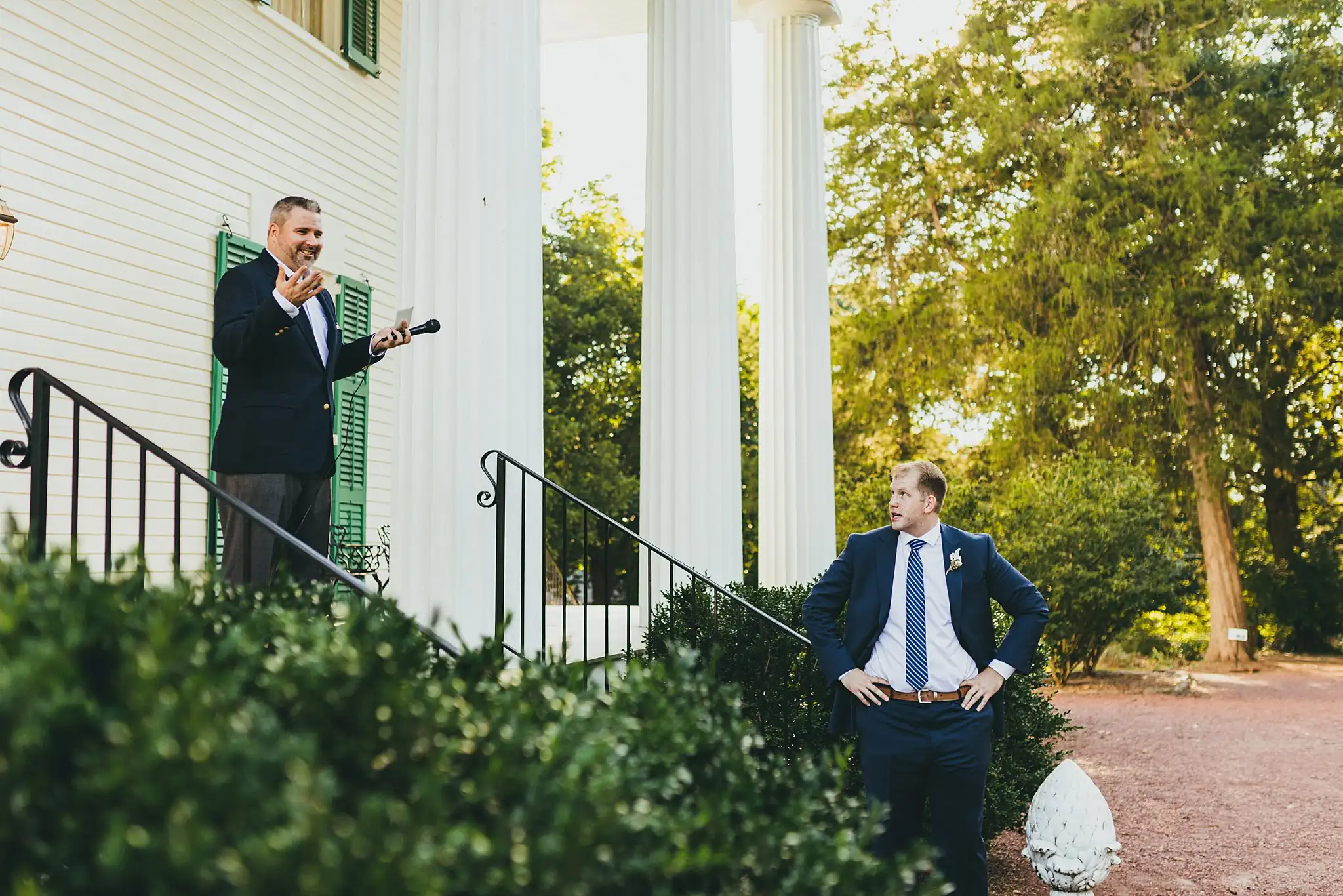 AtlantaWeddingPhotographers_1560.jpg Processional: the groom on the steps as she comes into view, at their micro ceremony at Barrington Hall in Roswell, GA