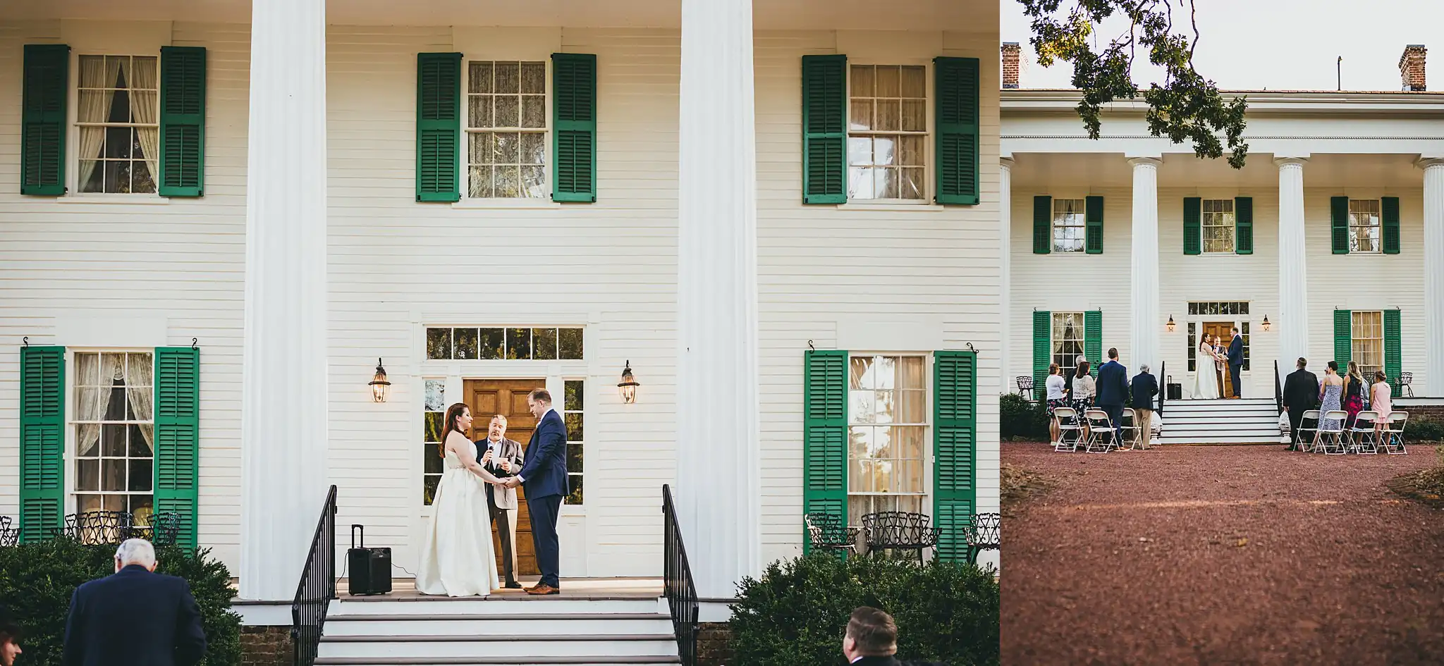 AtlantaWeddingPhotographers_1565.jpg Wedding Ceremony: the vows on the portico, and the guests beyond, in a set, at their micro ceremony at Barrington Hall in Roswell, GA