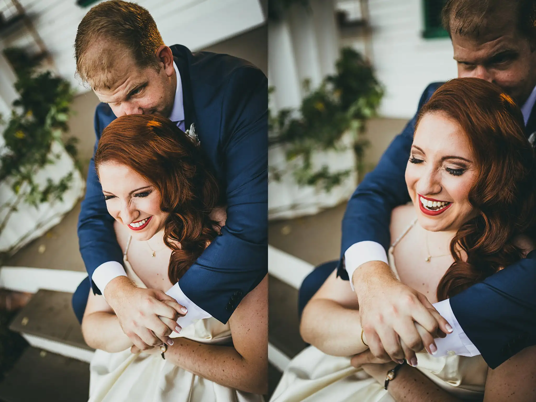 AtlantaWeddingPhotographers_1576.jpg Wedding Formals: the groom holding her from behind, both laughing, in a set, at their elopement at Barrington Hall in Roswell, GA