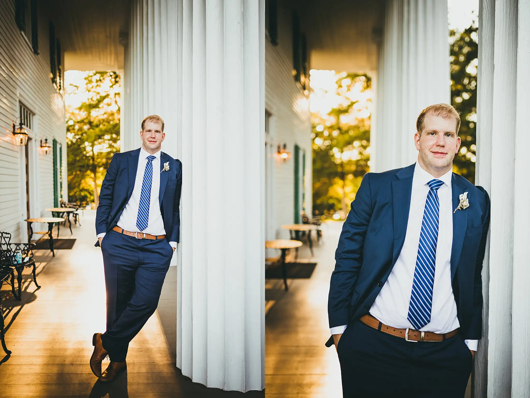 AtlantaWeddingPhotographers_1577.jpg Wedding Formals: the groom against the white columns, in a set, at their intimate wedding at Barrington Hall in Roswell, GA