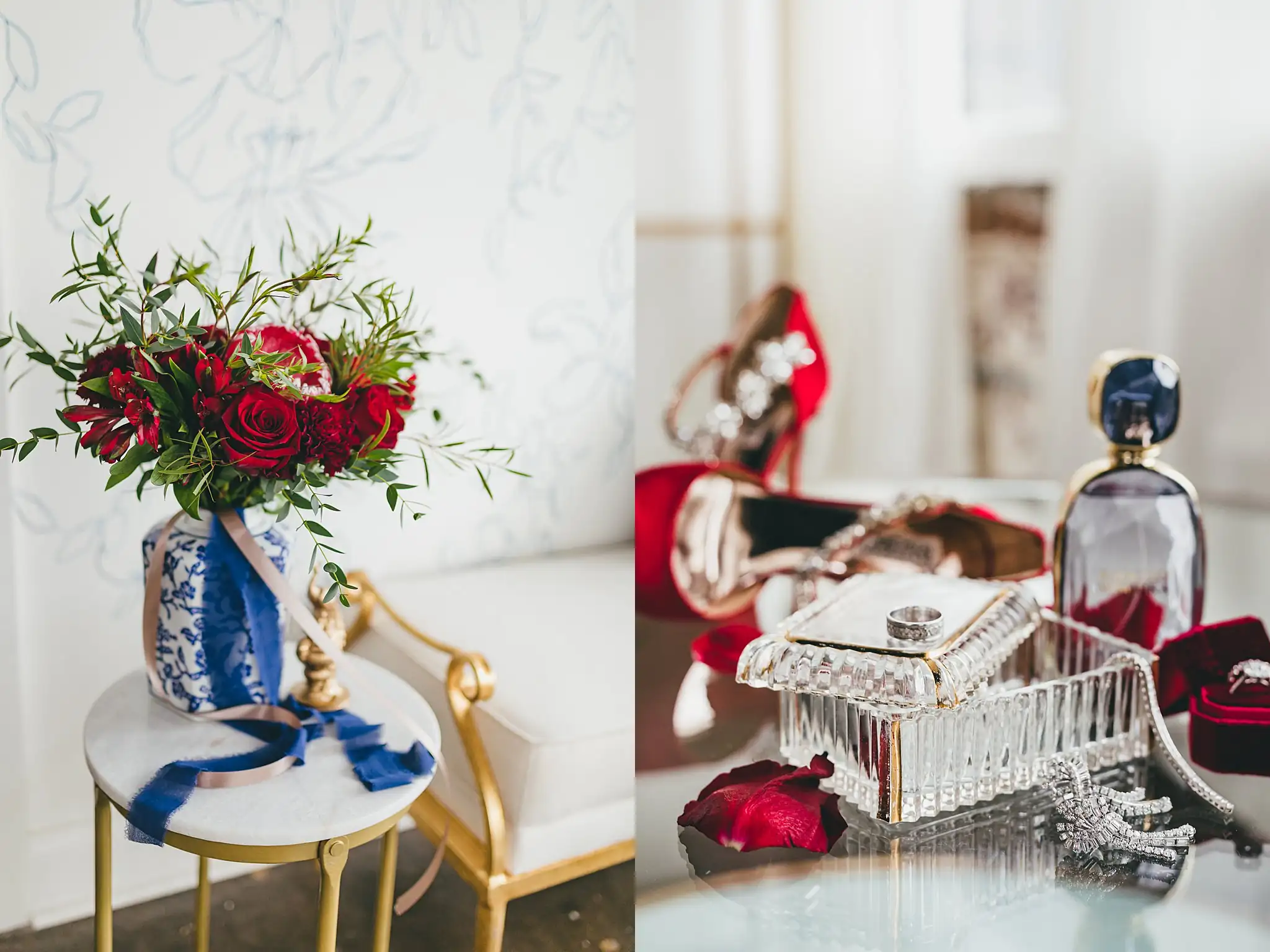 Styled Shoot Hollywood Regency Wedding Inspiration Atlanta Photographers Wedding Details: the bouquet in a ginger jar beside red heels, at a Hollywood Regency Wedding styled shoot at the Foxglove in Marietta, GA
