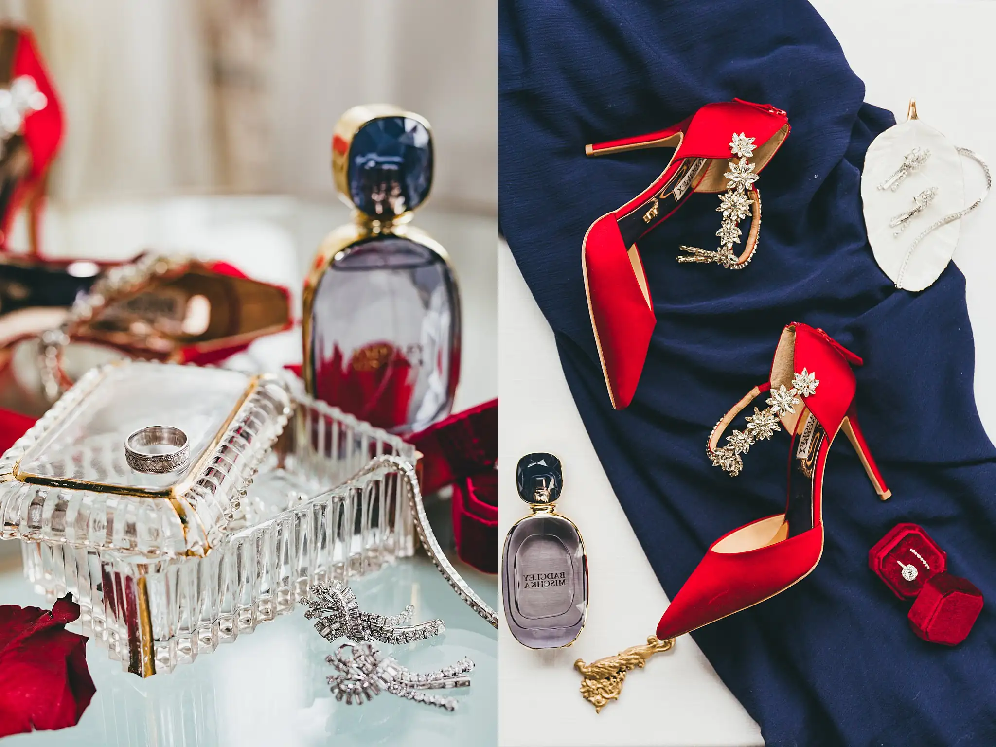 Styled Shoot Hollywood Regency Wedding Inspiration Atlanta Photographers Wedding Details: red crystal heels and perfume on navy velvet, at a Hollywood Regency Wedding styled shoot at the Foxglove in Marietta, GA