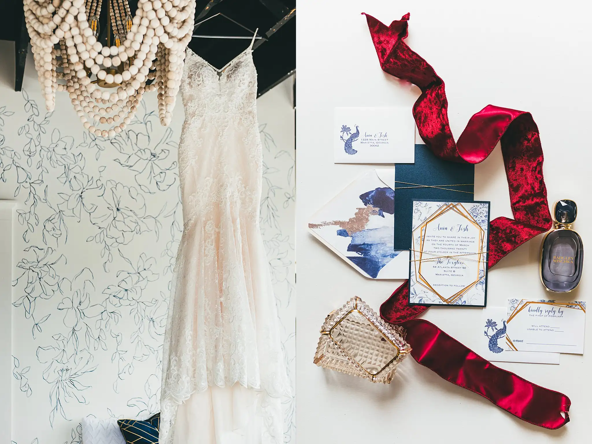 Styled Shoot Hollywood Regency Wedding Inspiration Atlanta Photographers Wedding Details: the wedding gown hanging with a pearl necklace, at a Hollywood Regency Wedding styled shoot at the Foxglove in Marietta, GA