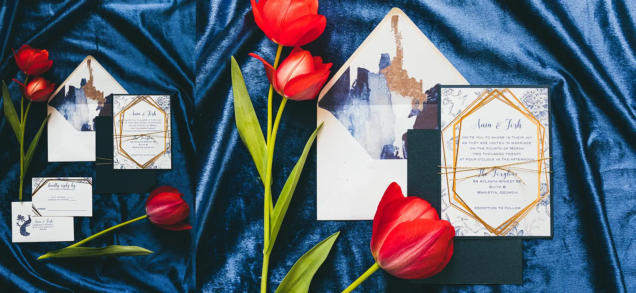 Styled Shoot Hollywood Regency Wedding Inspiration Atlanta Photographers Wedding Details: the invitation suite on blue velvet with tulips, at a Hollywood Regency Wedding styled shoot at the Foxglove in Marietta, GA